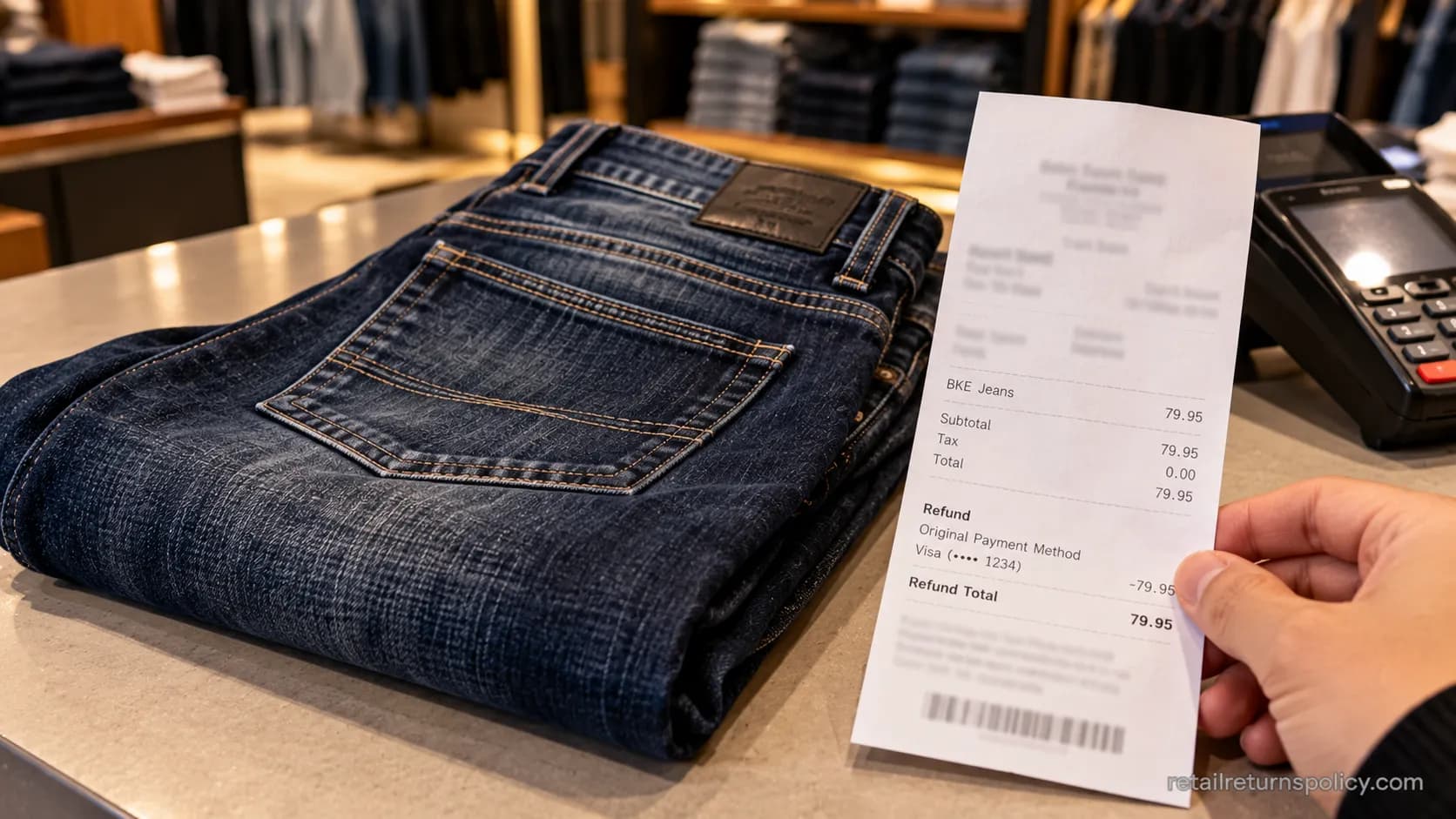 BKE jeans from Buckle beside a register receipt showing a refund to the original card