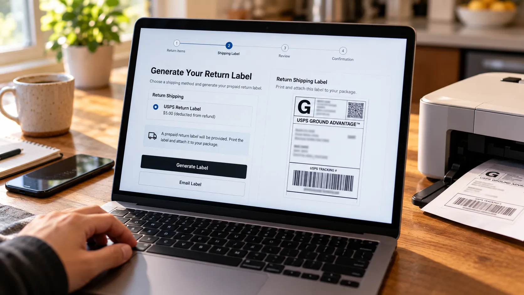 Buckle returns portal screenshot at the USPS label generation step
