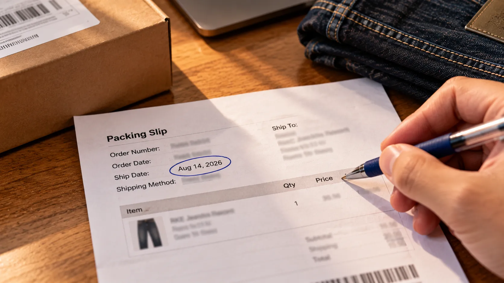 Buckle online order packing slip with the ship date circled to show the return window start