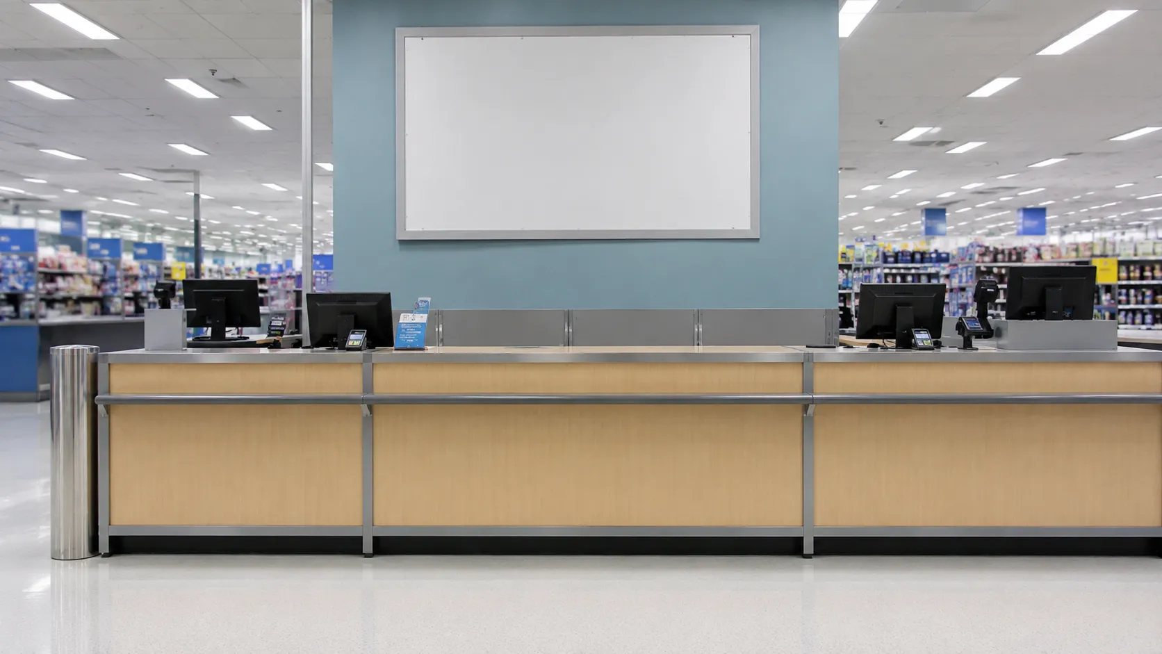 Generic California retail customer service desk during the test period with a blank notice board above the counter and no cash-out notice, logos, or customers visible.