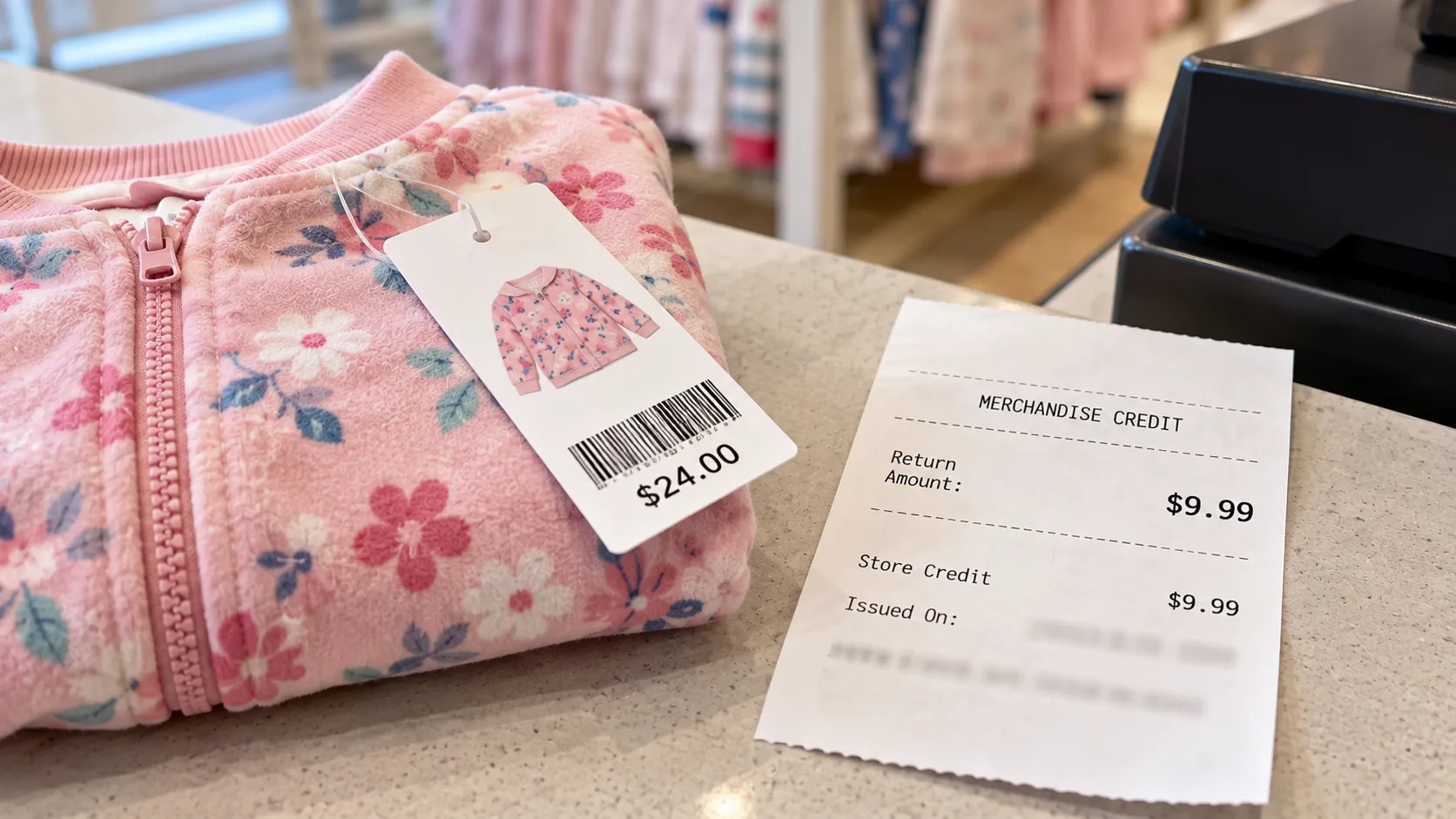 Carter’s merchandise-credit slip for a reduced amount beside the item’s higher original price tag.