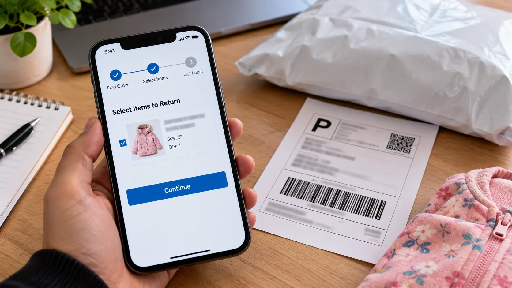 Smartphone showing the Carter’s online return portal mid-process beside a printed shipping label and mailer.
