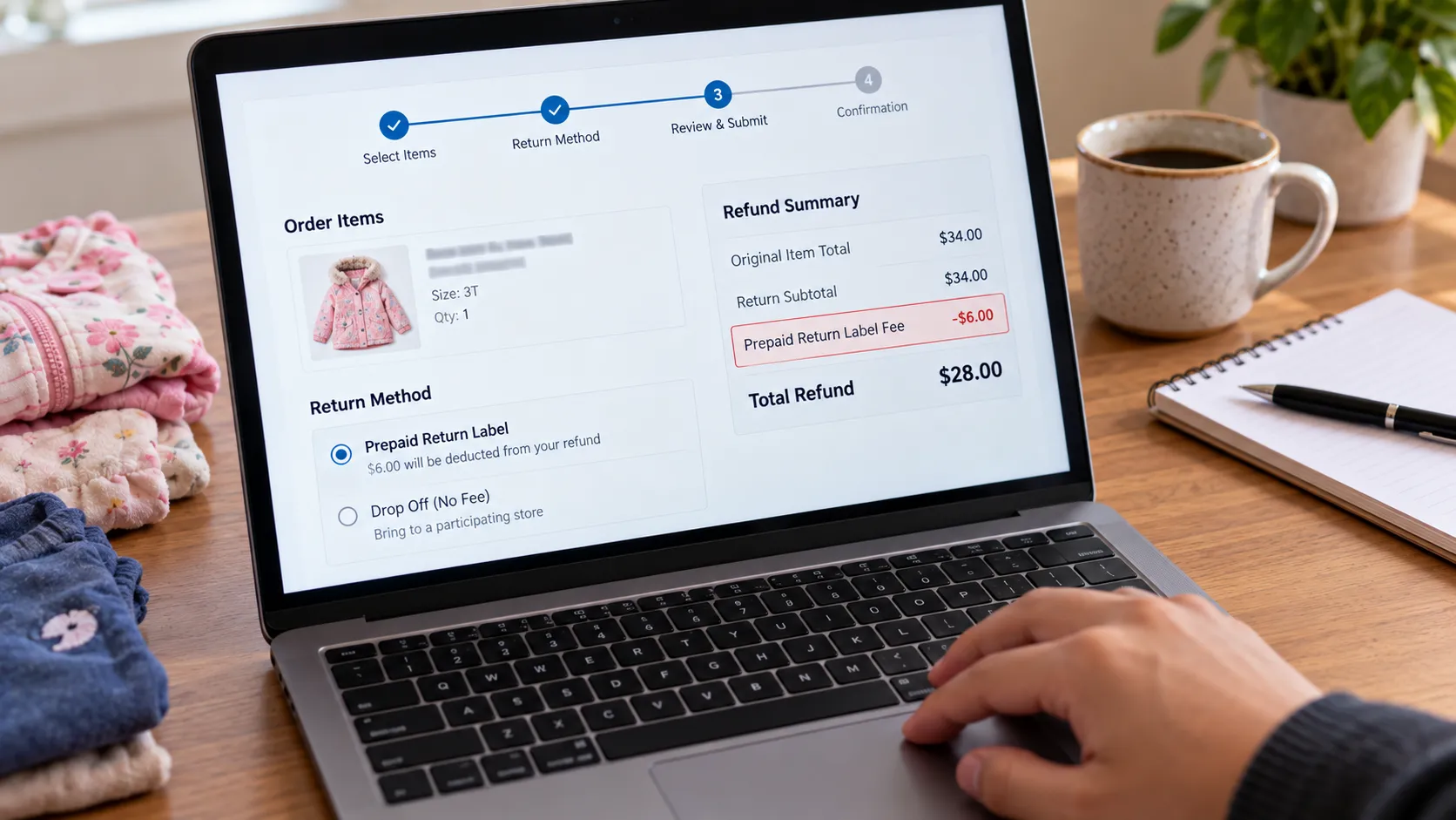 Online return portal showing the six-dollar prepaid label fee deducted from a Carter’s refund