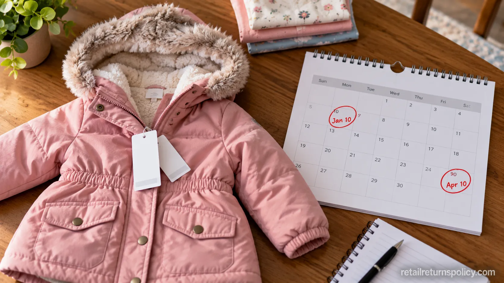 Children’s coat with tags attached beside a calendar marking the Carter’s 90-day return window countdown.