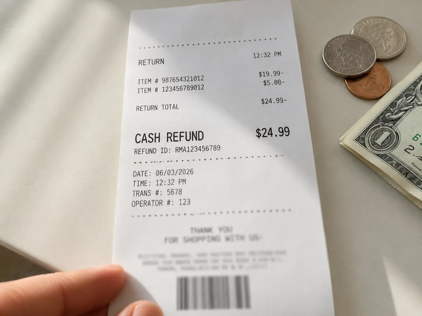Close-up of a generic retail refund receipt showing a clearly visible “CASH REFUND” line, with coins and a folded bill beside it on a neutral counter, illustrating a cash refund issued after a PIN.