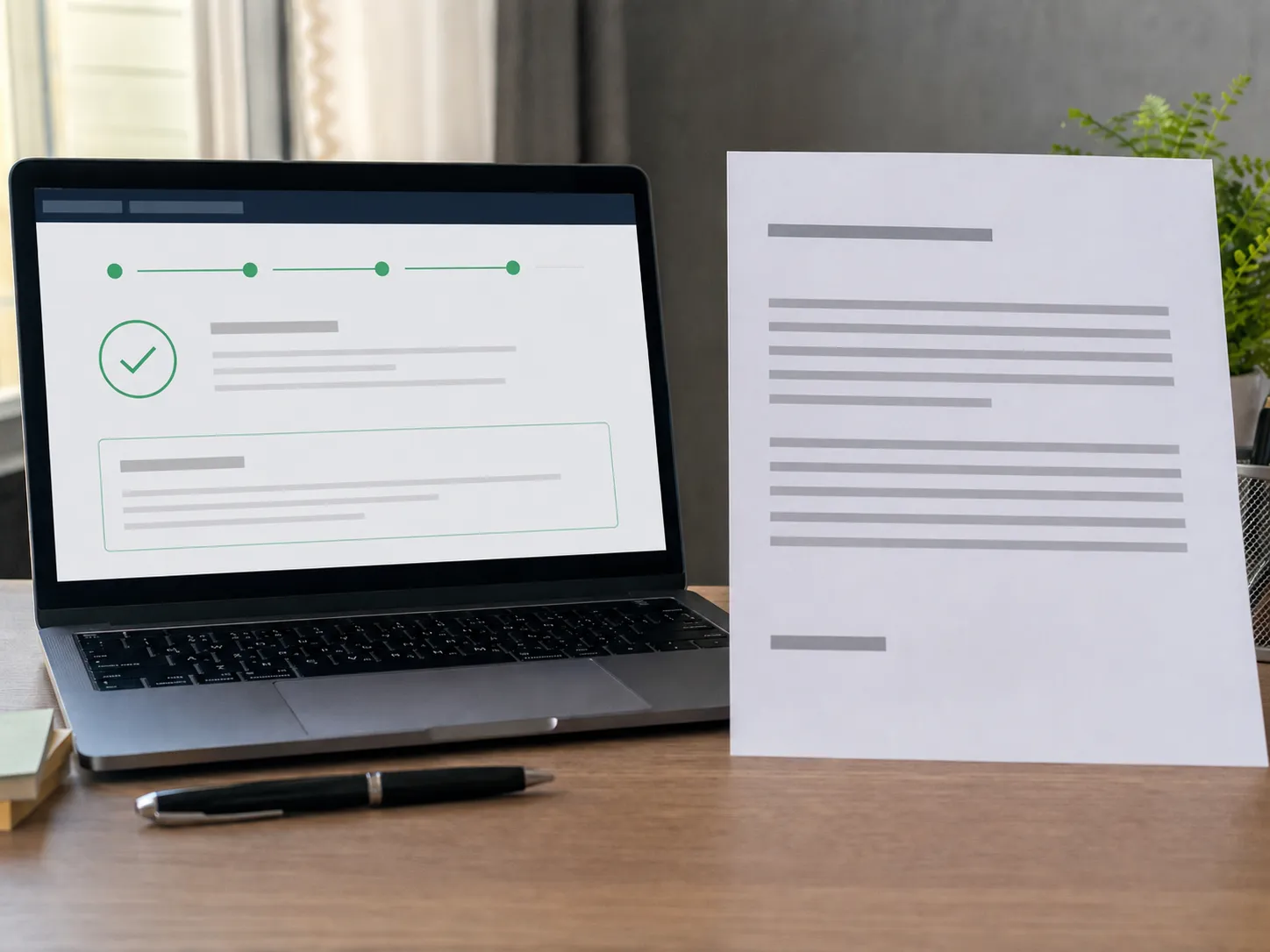 Representative illustration of a CFPB complaint confirmation shown on a laptop beside a printed consumer statement with personal details redacted on a clean desk in soft daylight.