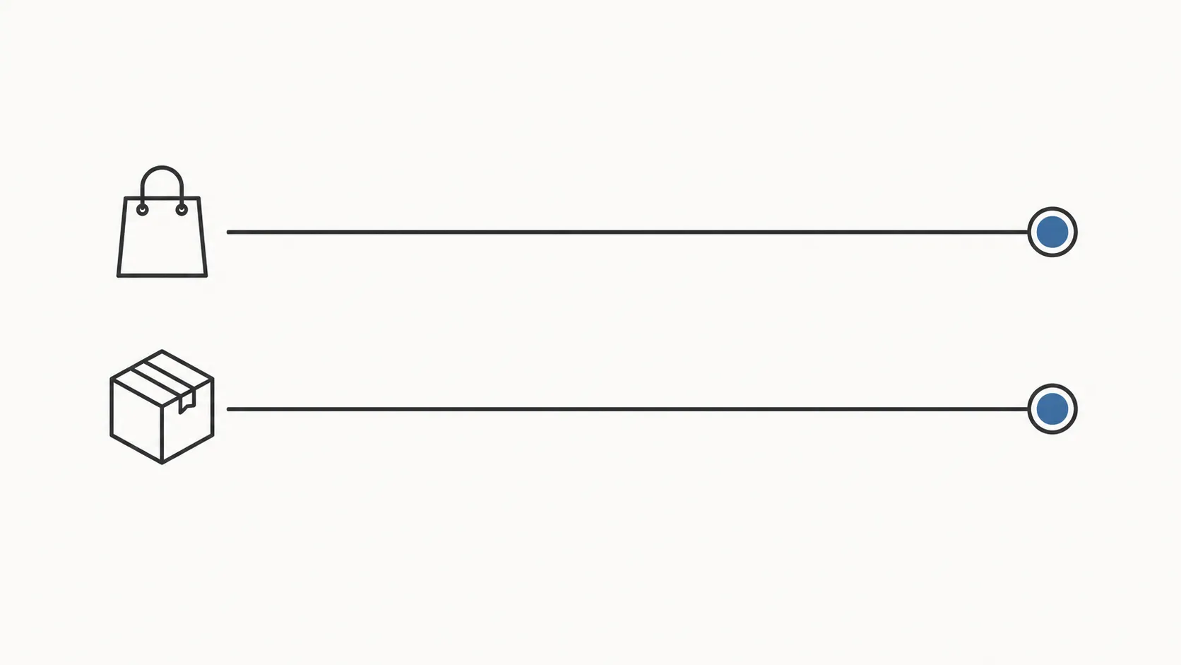 Minimal editorial infographic with two horizontal timelines, one starting at a shopping bag icon (checkout) and the other at a parcel box icon (delivery), each ending with a highlighted marker.