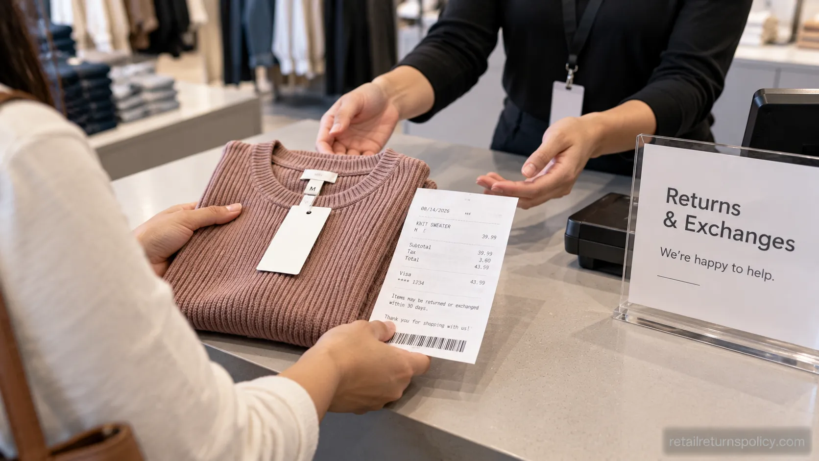 Shopper completing a clothing size exchange at a store returns desk, 2026.