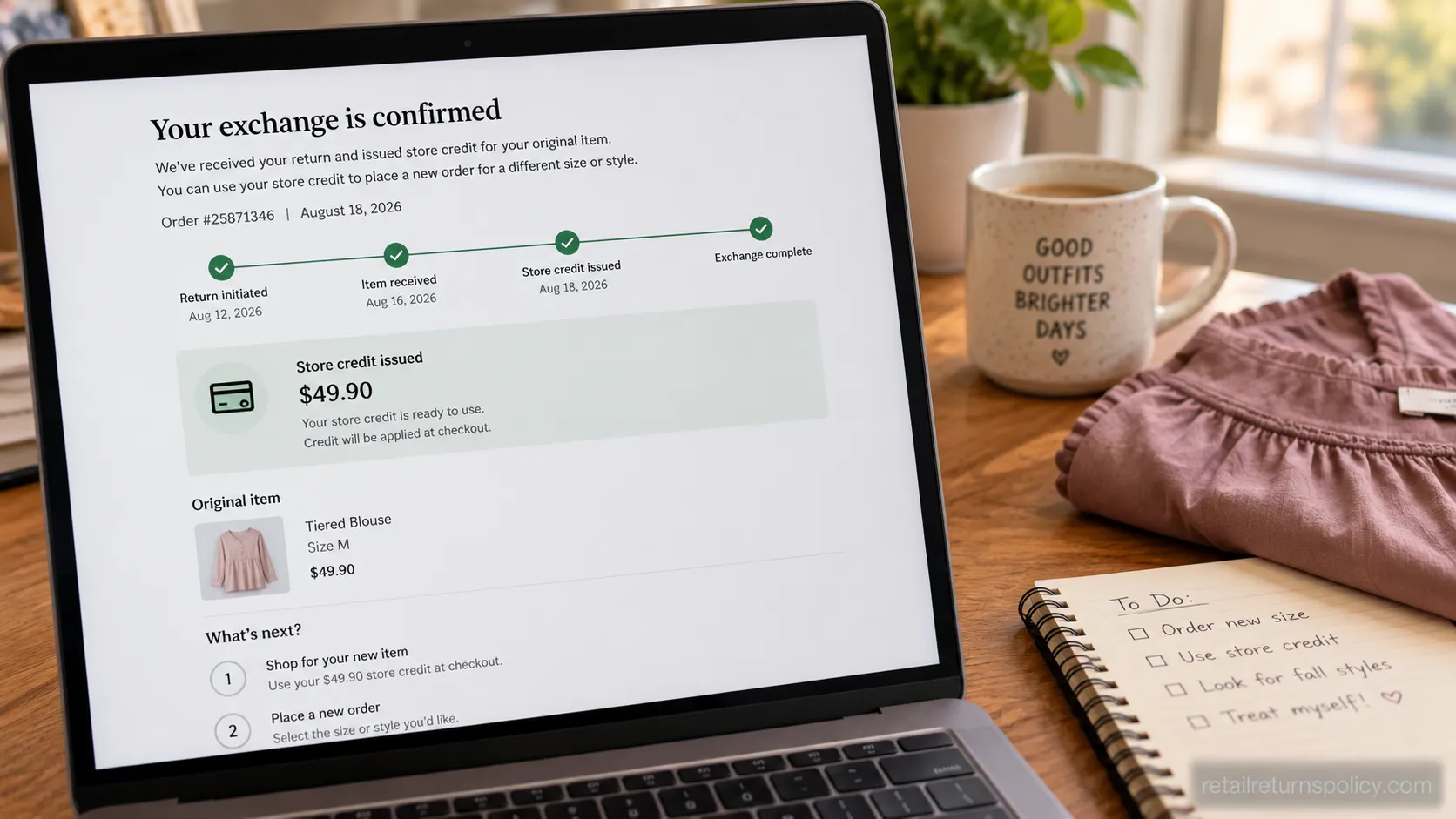 Online exchange confirmation showing store credit issued by a contemporary clothing brand, 2026.