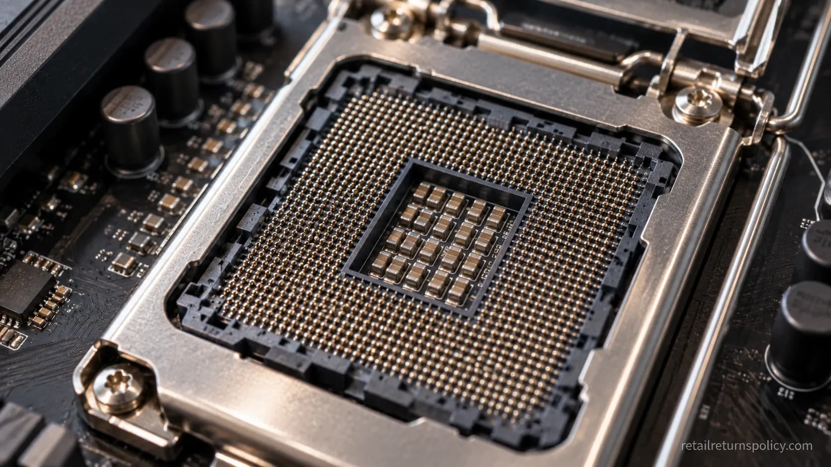 Macro photo of a motherboard CPU socket taken at unboxing.