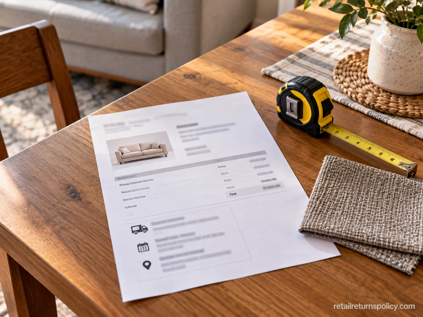 A Crate and Barrel furniture return pickup quote on a table with a tape measure and fabric swatch.