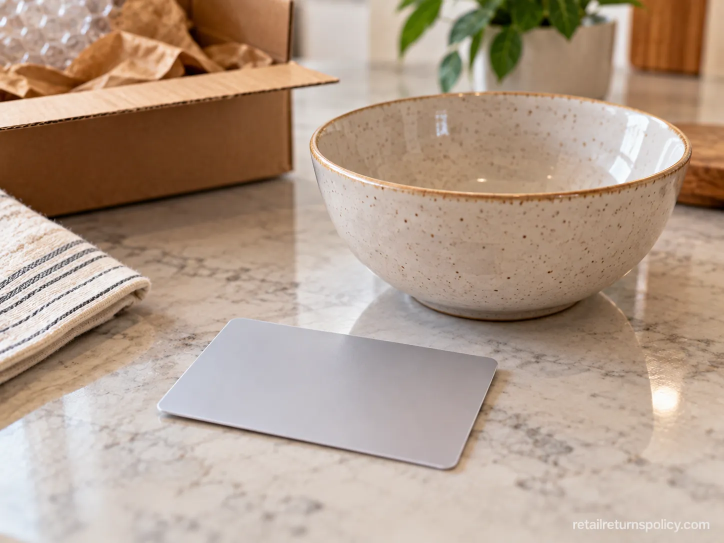 A Crate and Barrel Shop Card issued for a no-receipt return next to the returned houseware.