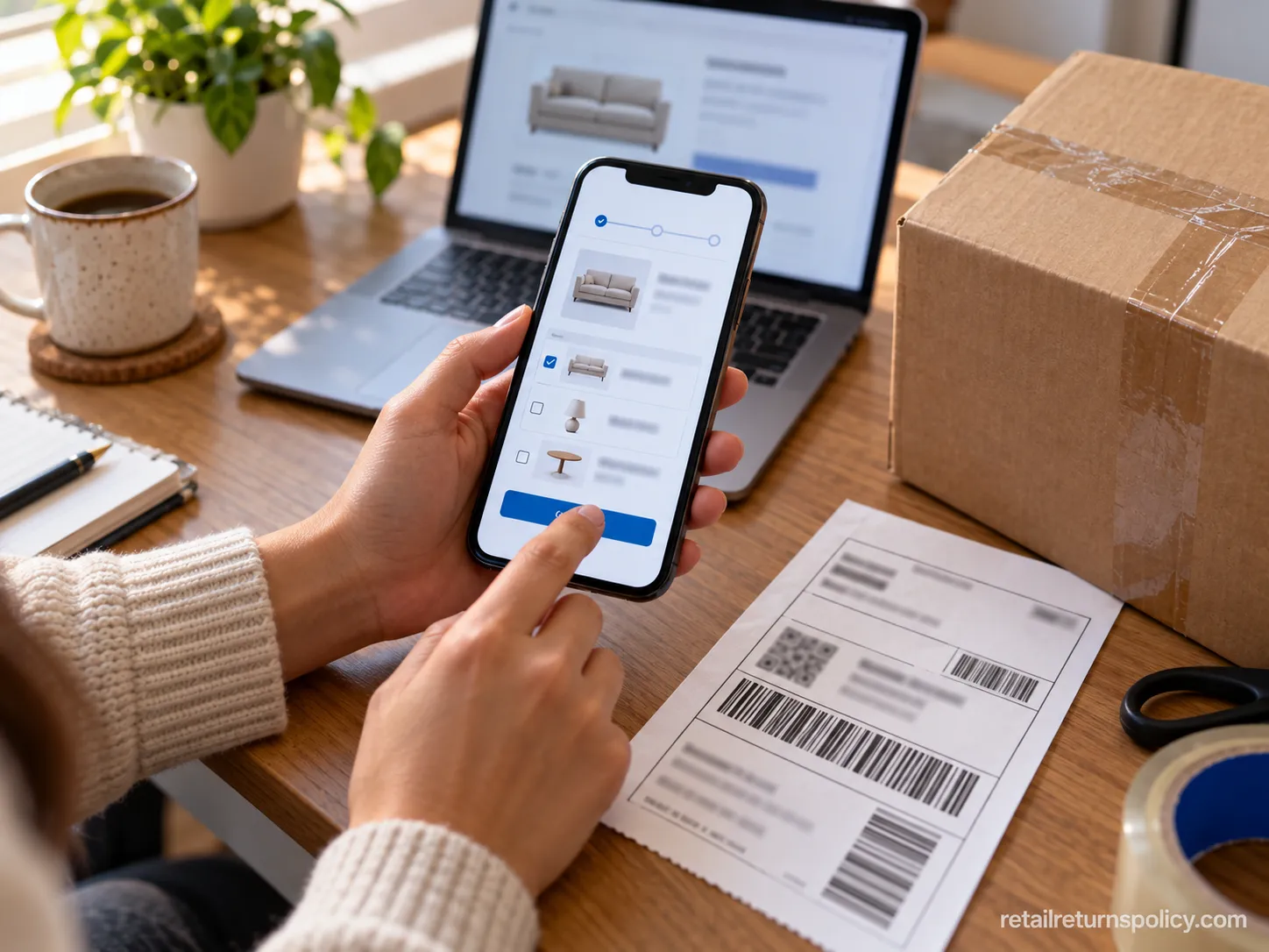 Starting a Crate and Barrel online return in the returns portal with a printed UPS label and packed box.