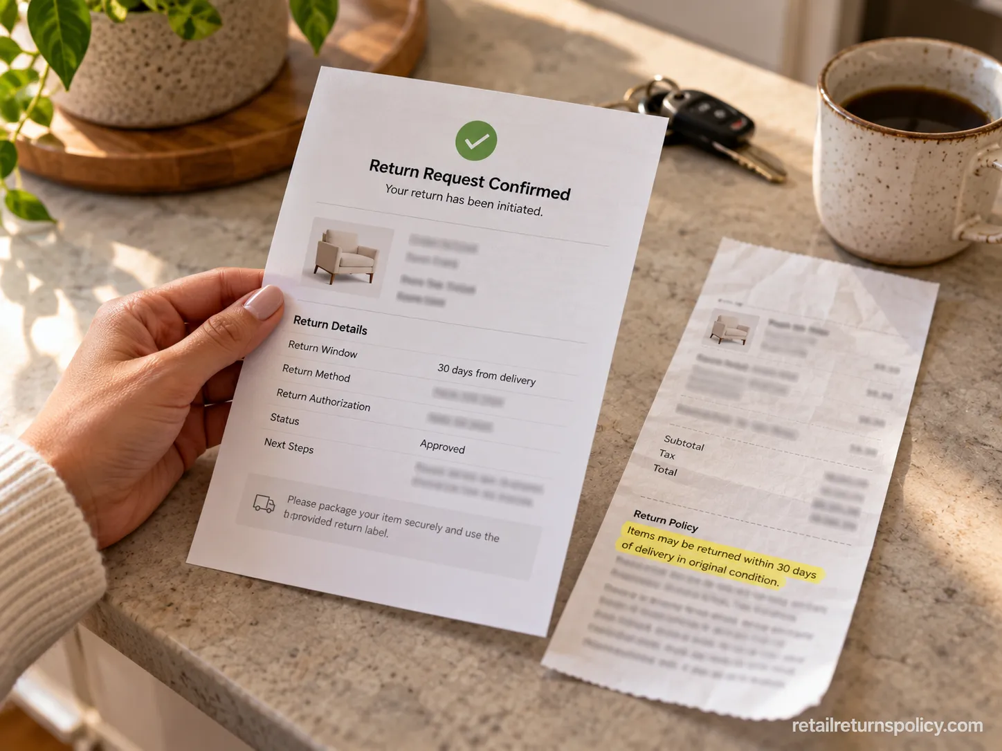 Crate and Barrel return confirmation and receipt showing the 30-day return window on a kitchen counter.