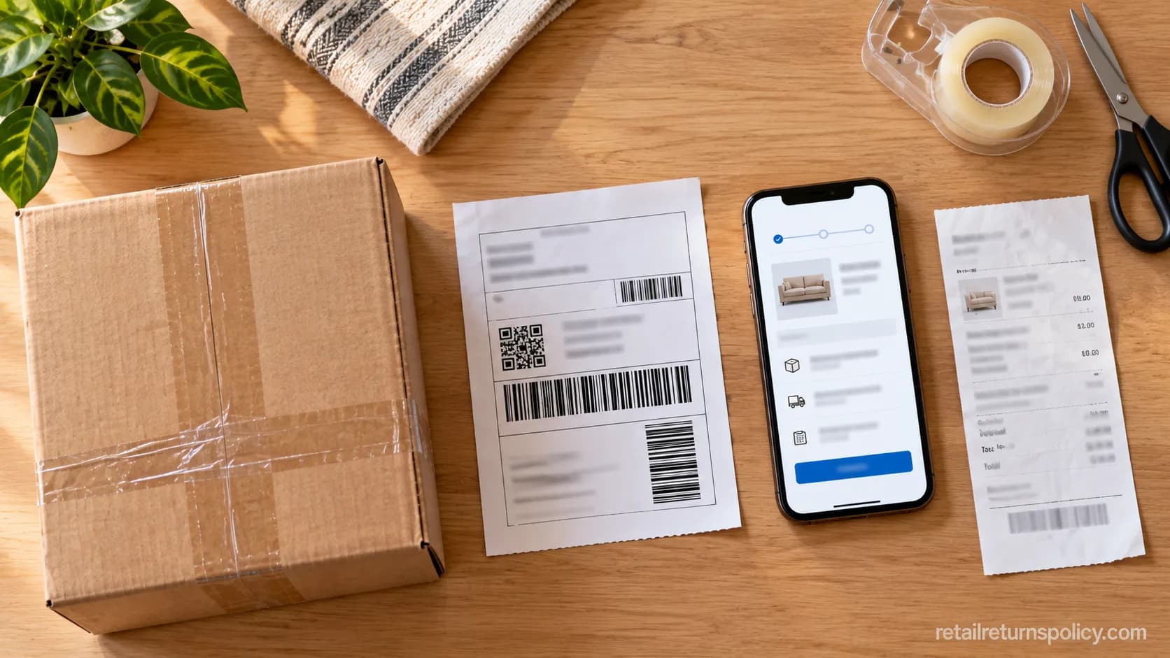 Step-by-step Crate and Barrel return in progress with a packed box, UPS label, phone and receipt.