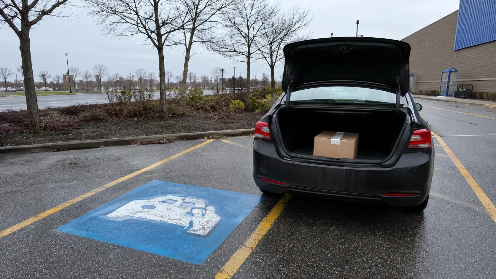Marked curbside returns bay outside a retail store with a parked car, open boot, and sealed cardboard parcel inside on a wet winter morning, illustrating a curbside return drop-off.