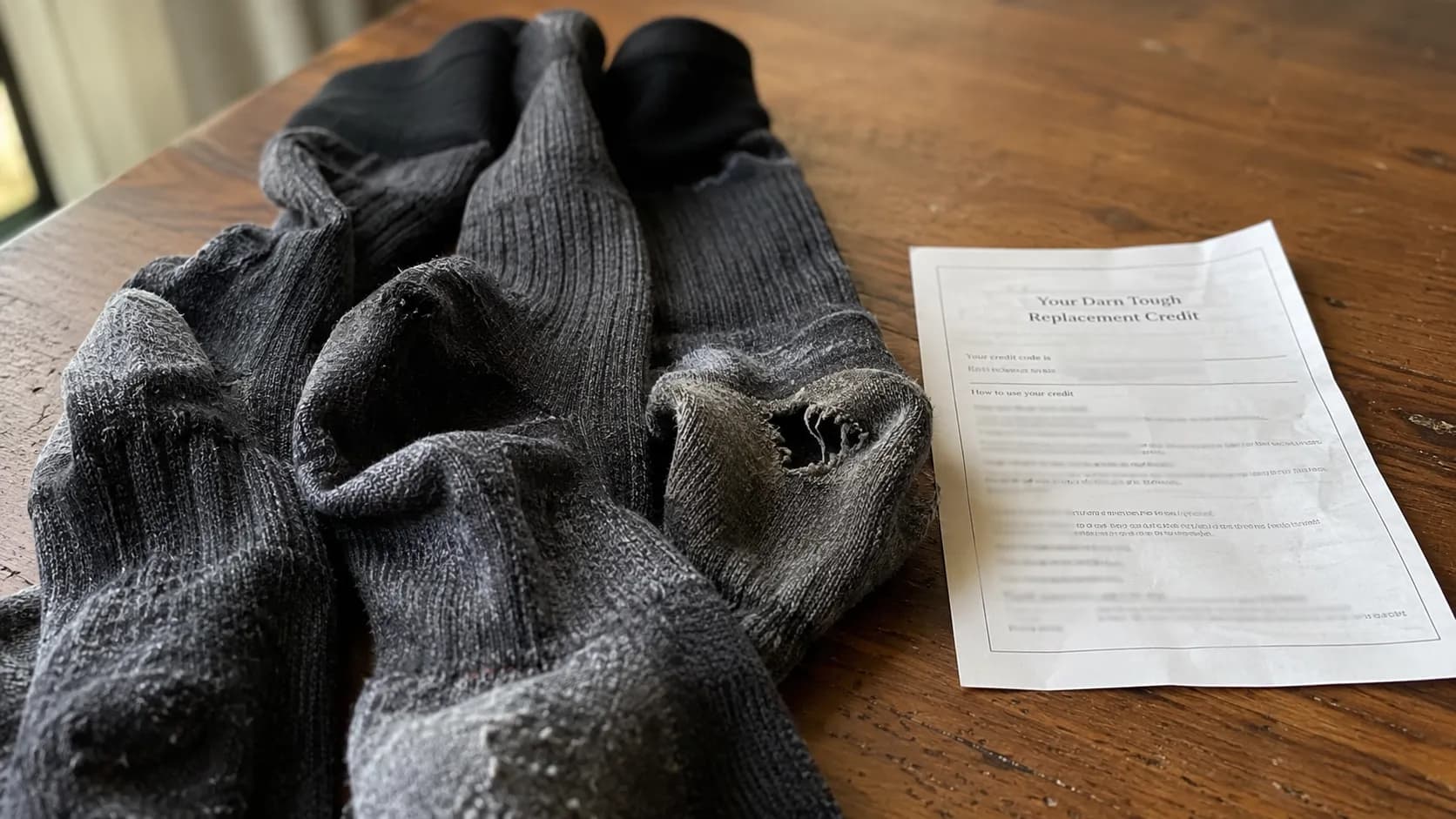 Three worn grey and black merino socks, including one with a hole in the heel, arranged beside a replacement credit slip on a wooden table under natural window light.
