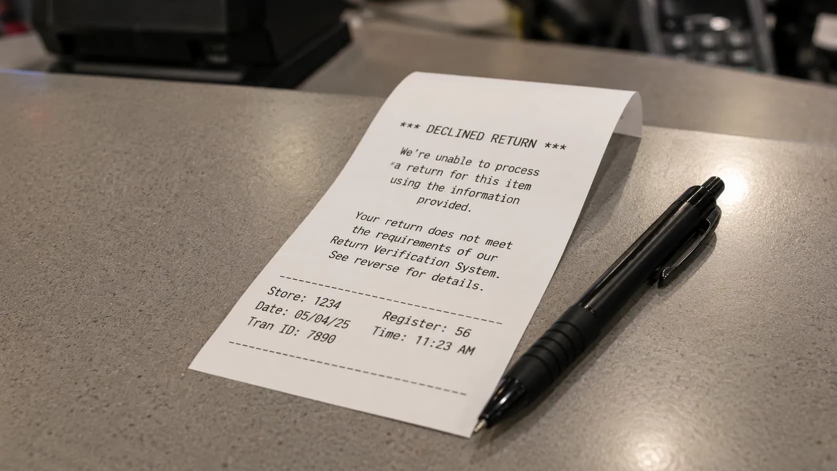 Declined no-receipt return slip referencing a return-verification system.