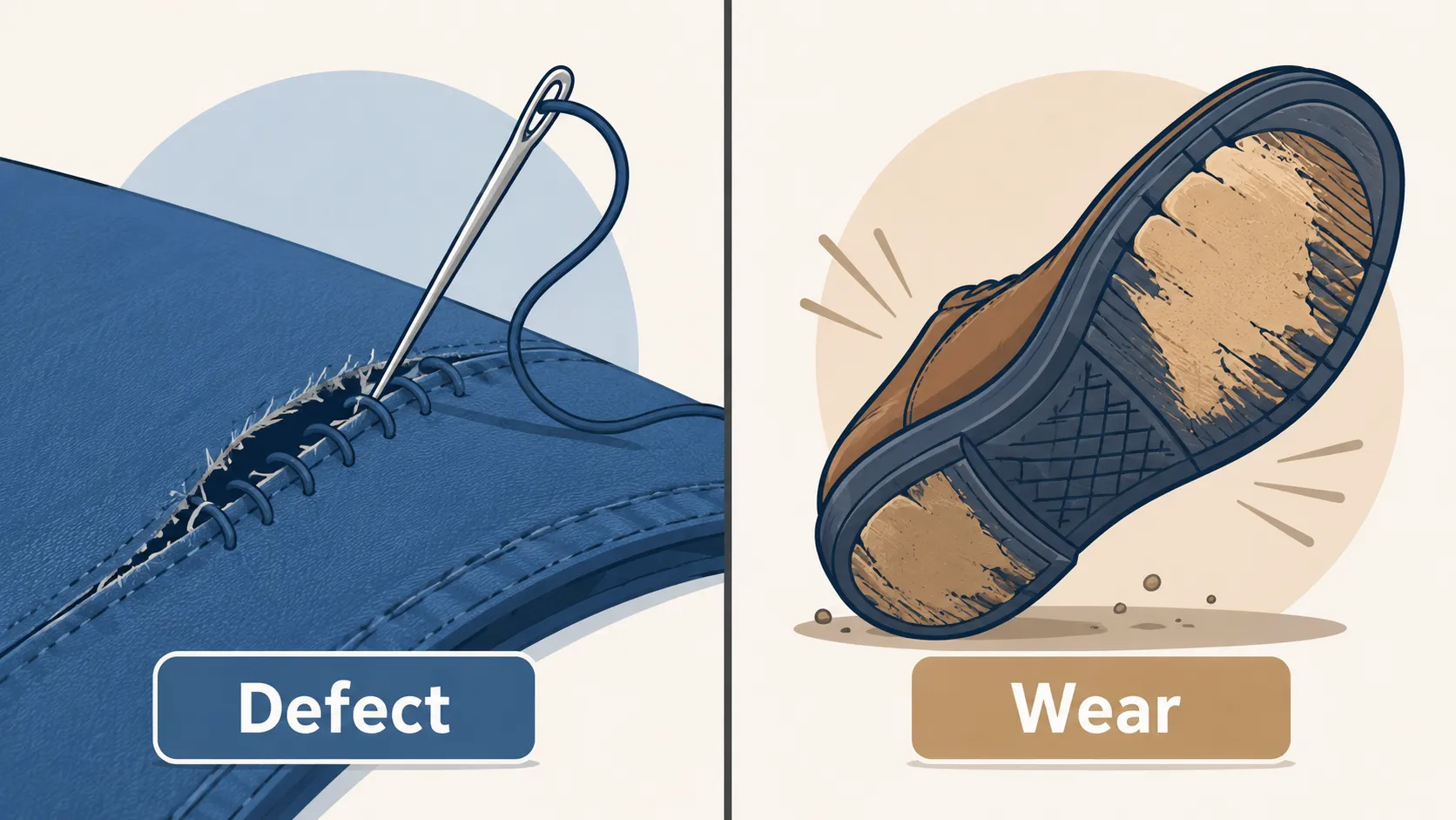 Split-panel illustration comparing a repairable manufacturing defect, shown as a torn seam being stitched, with normal wear, shown as a worn shoe sole, explaining the distinction commonly used in life