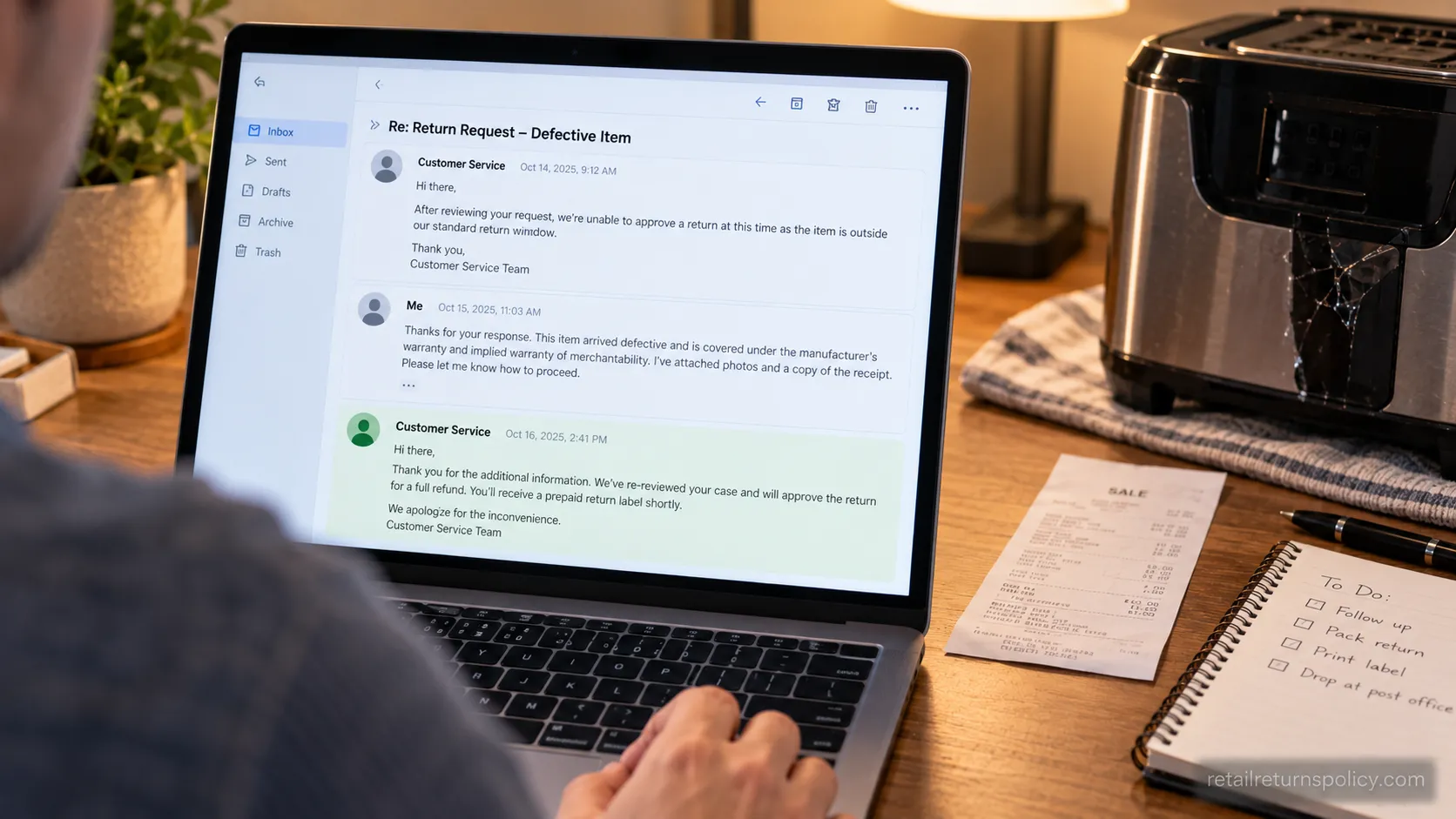 Laptop showing a customer service thread where a defective-item return was approved after citing implied warranty.