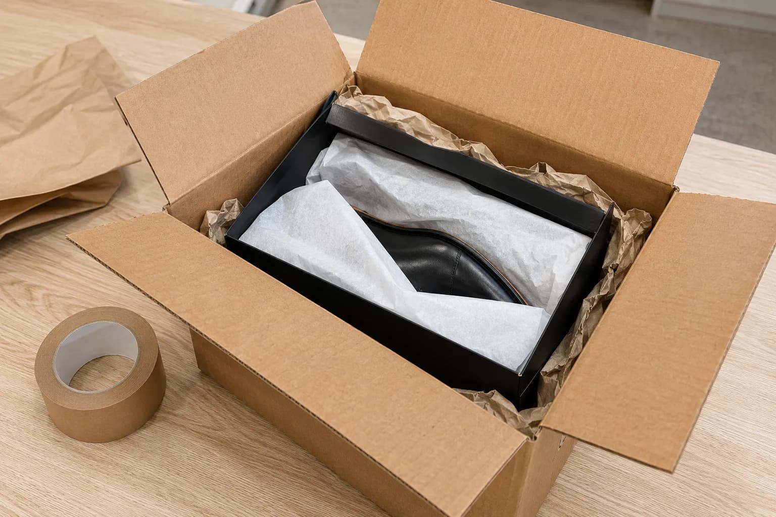 Designer shoe box placed inside a sturdy outer shipping carton for a Neiman Marcus shoe return.