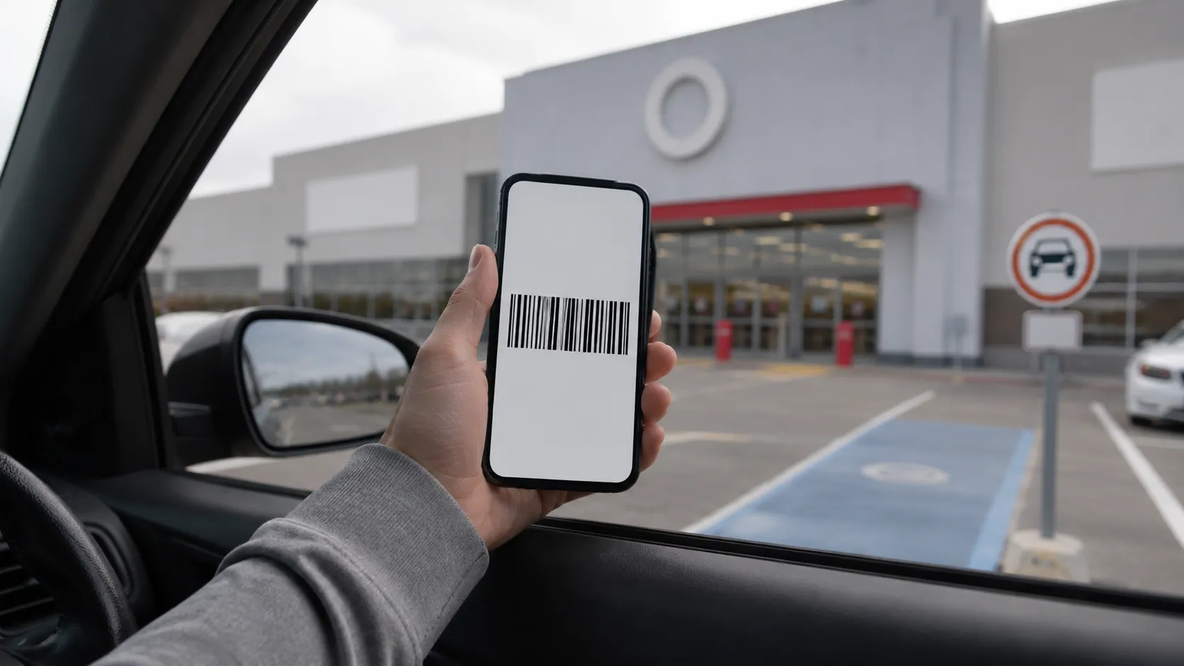 Smartphone displaying a generic return barcode from inside a parked car, illustrating a completed Drive Up return in just over two minutes.
