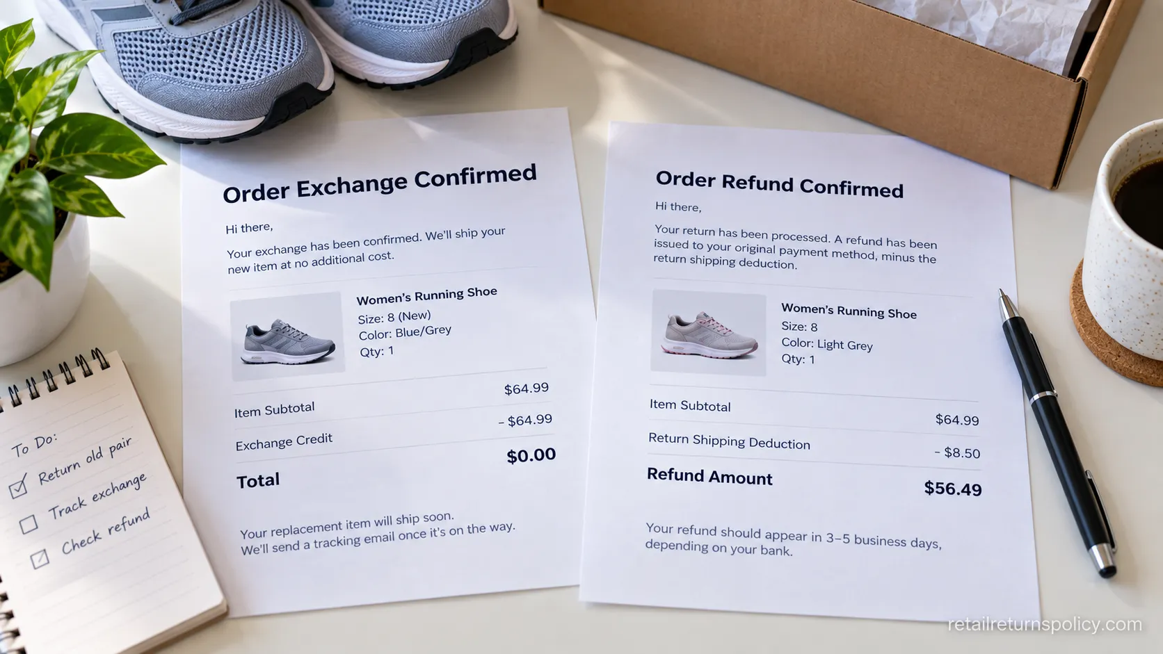 Two DSW confirmations side by side showing a free exchange and an $8.50 refund deduction.