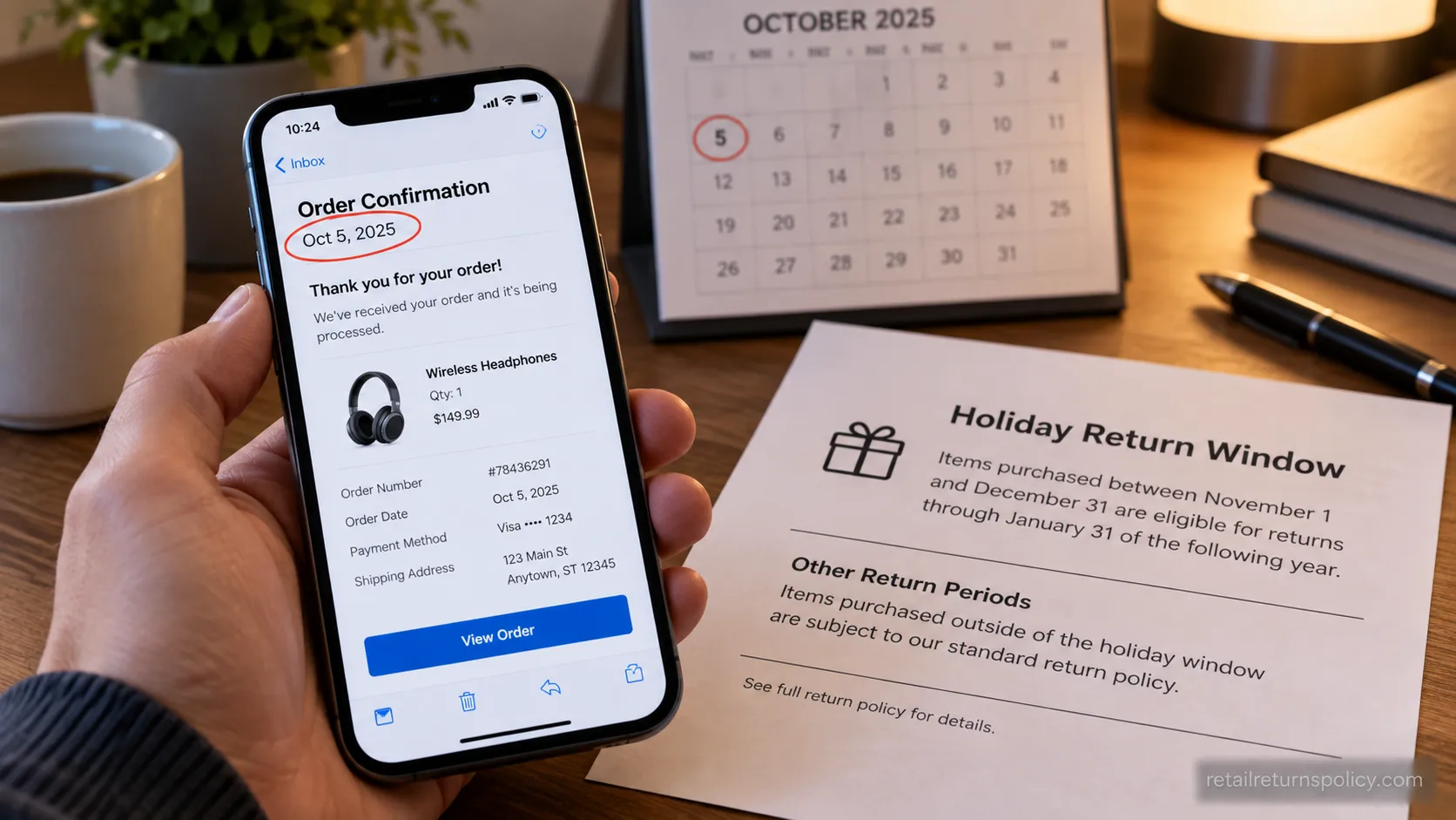 Order confirmation dated in early October beside a store holiday return window notice showing a non-qualifying purchase.