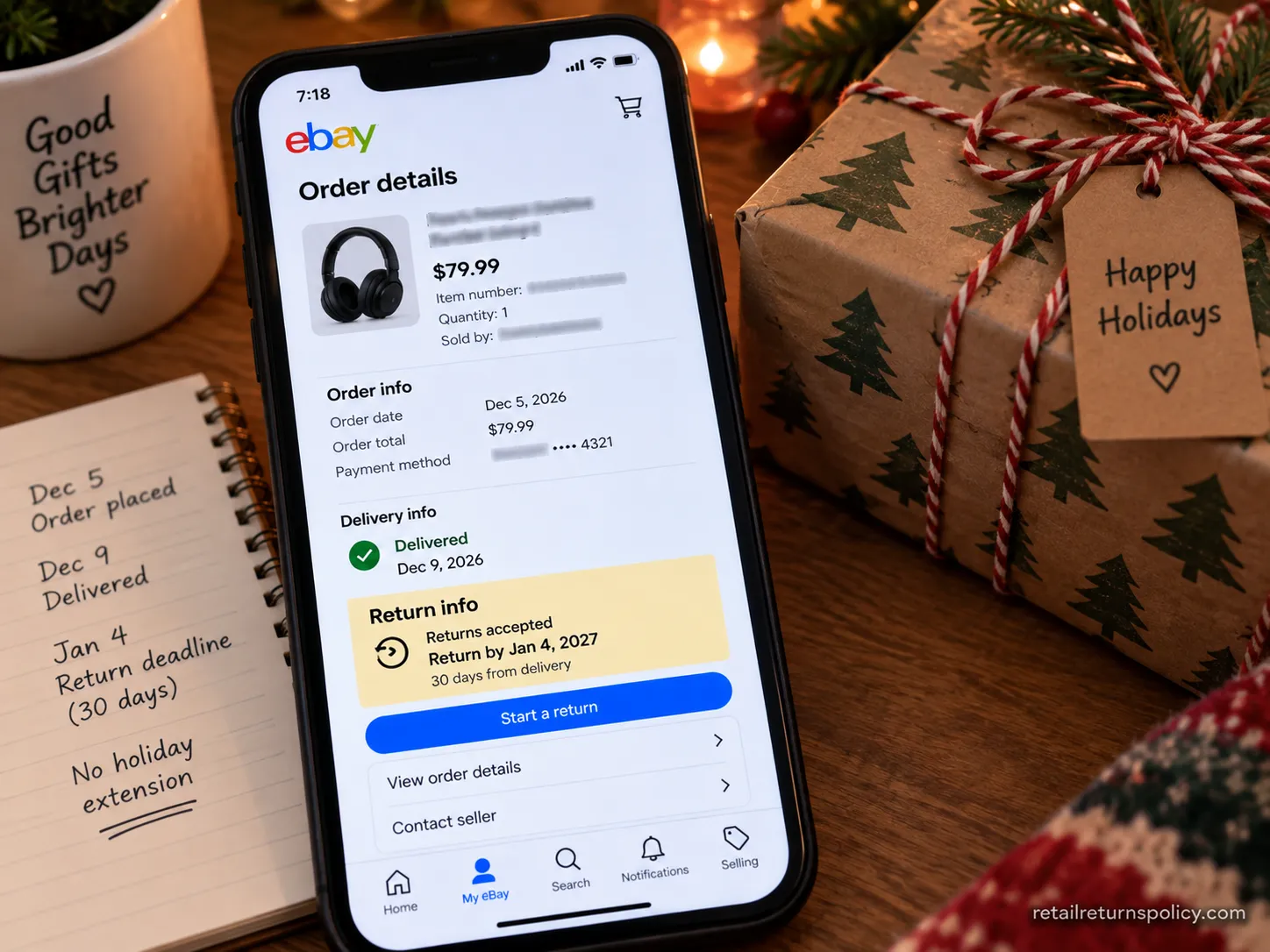 eBay December order showing the standard 30-day return deadline with no holiday extension