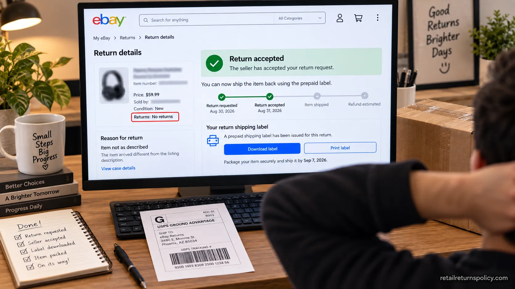 eBay return accepted on a no-returns listing after a not-as-described claim, with a prepaid label