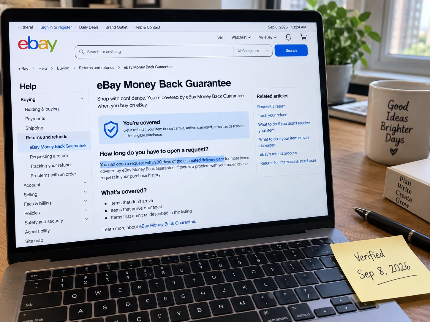 eBay Money Back Guarantee help page showing the 30-day return window verified in 2026