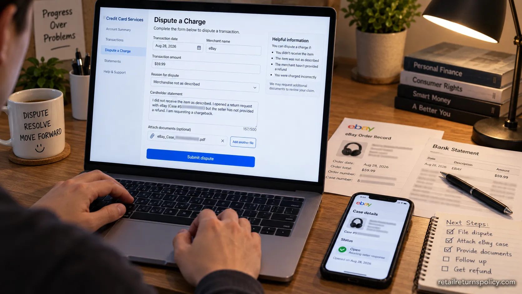 Credit-card dispute filed as a fallback for a stalled eBay not-as-described refund