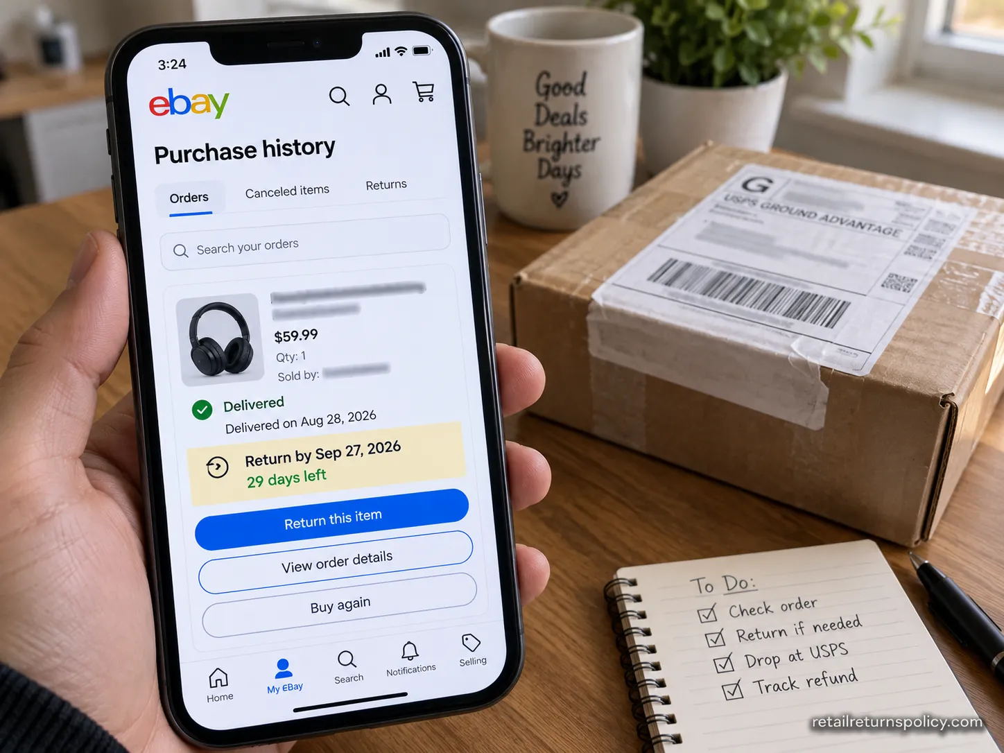 eBay purchase history showing the return-by date and countdown for an order
