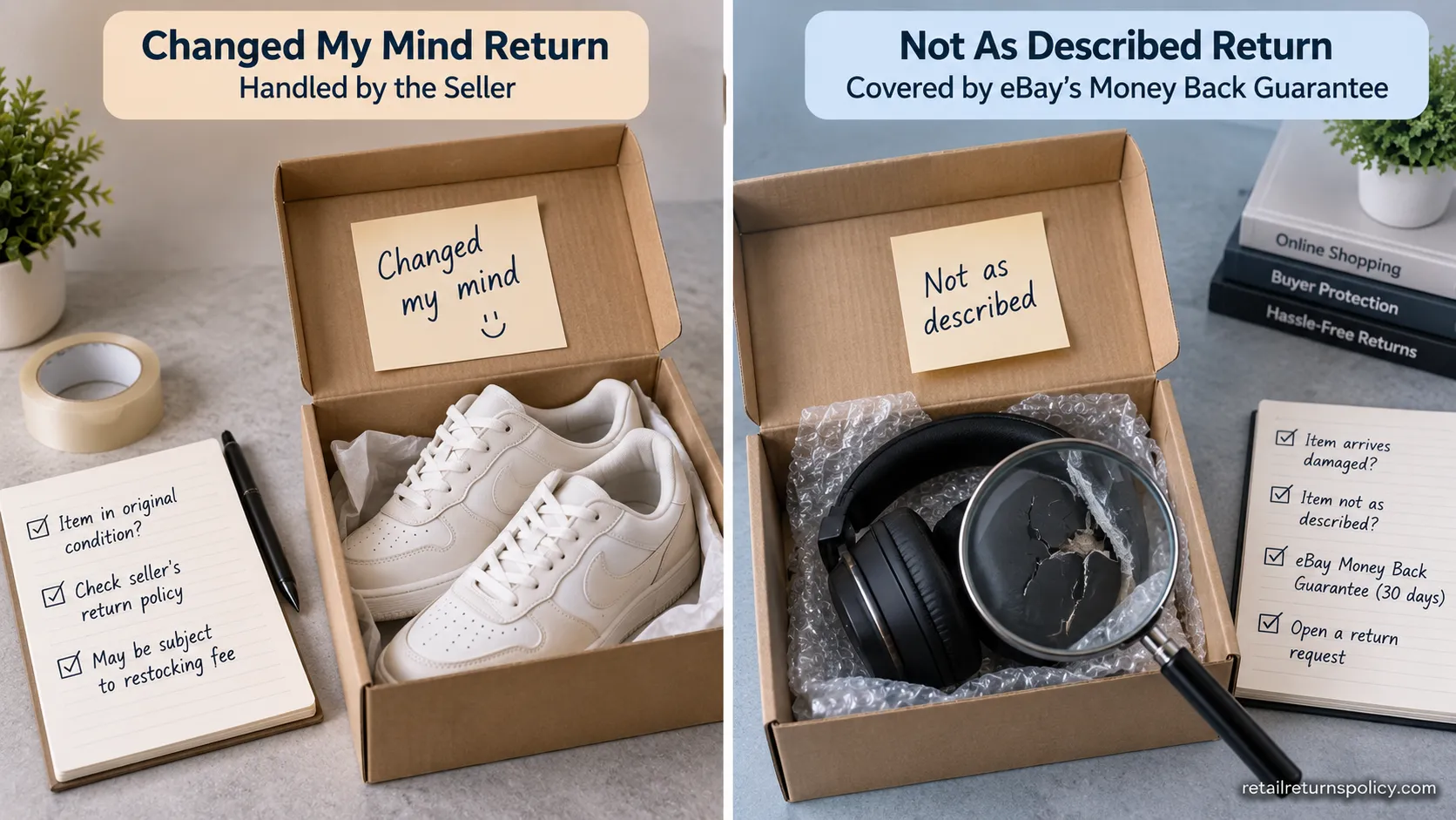 eBay two-layer return system comparing a change-of-mind return with a not-as-described return