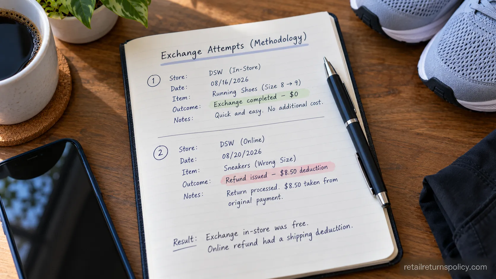 A notebook logging two real exchange attempts with dates and outcomes.