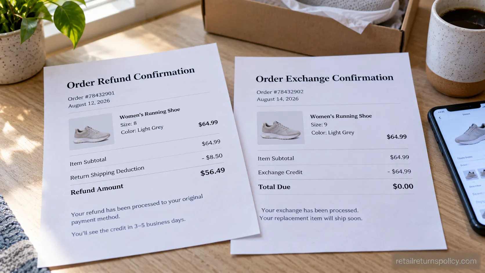 Two shoe-store order confirmations side by side, one showing a refund fee and one showing a free exchange.