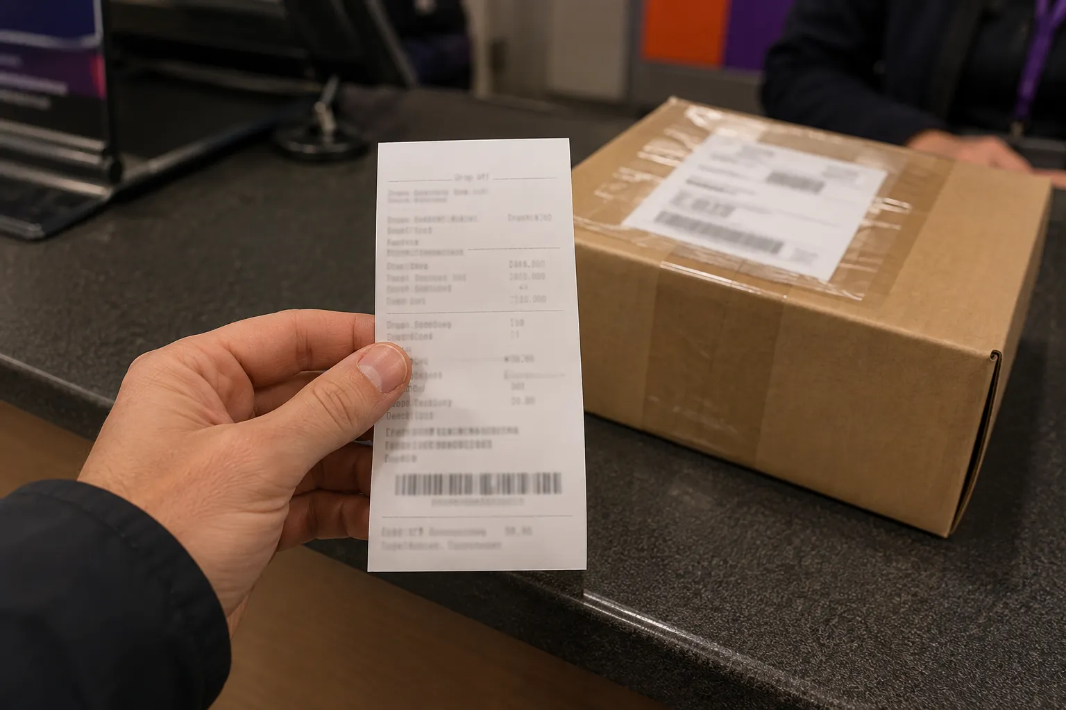 Hand holding a FedEx drop-off receipt for a mailed Neiman Marcus return at a store counter.