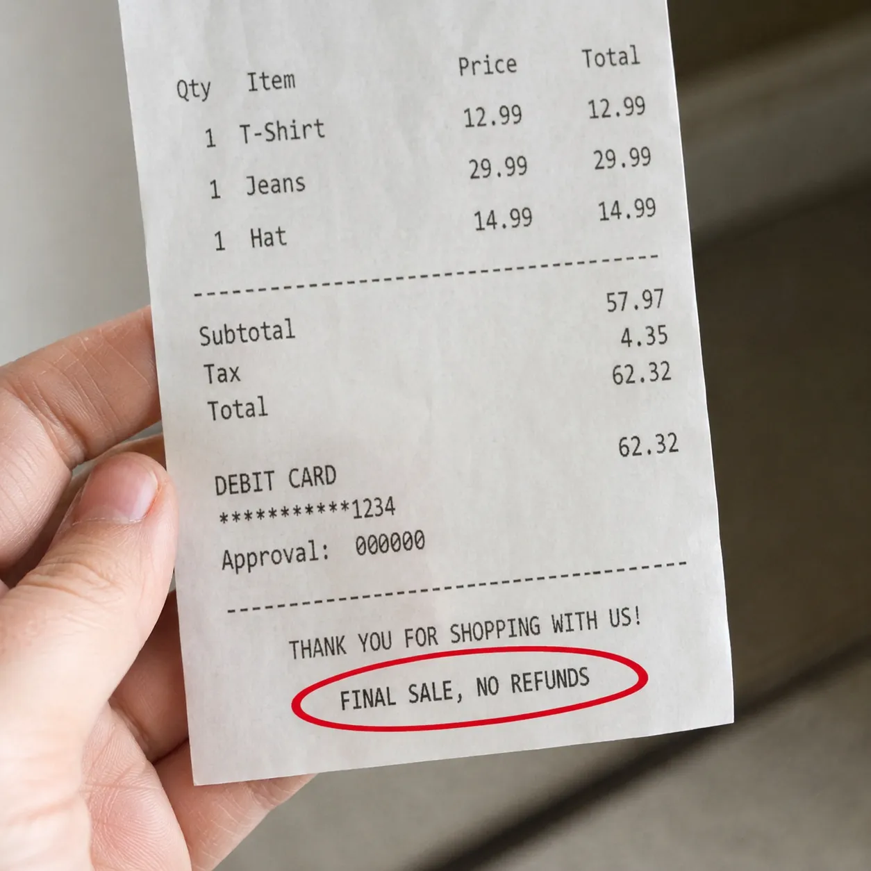 Close-up of a retail receipt with a "FINAL SALE, NO REFUNDS" line circled near the bottom to highlight where the policy appears on the receipt. Representative illustration.