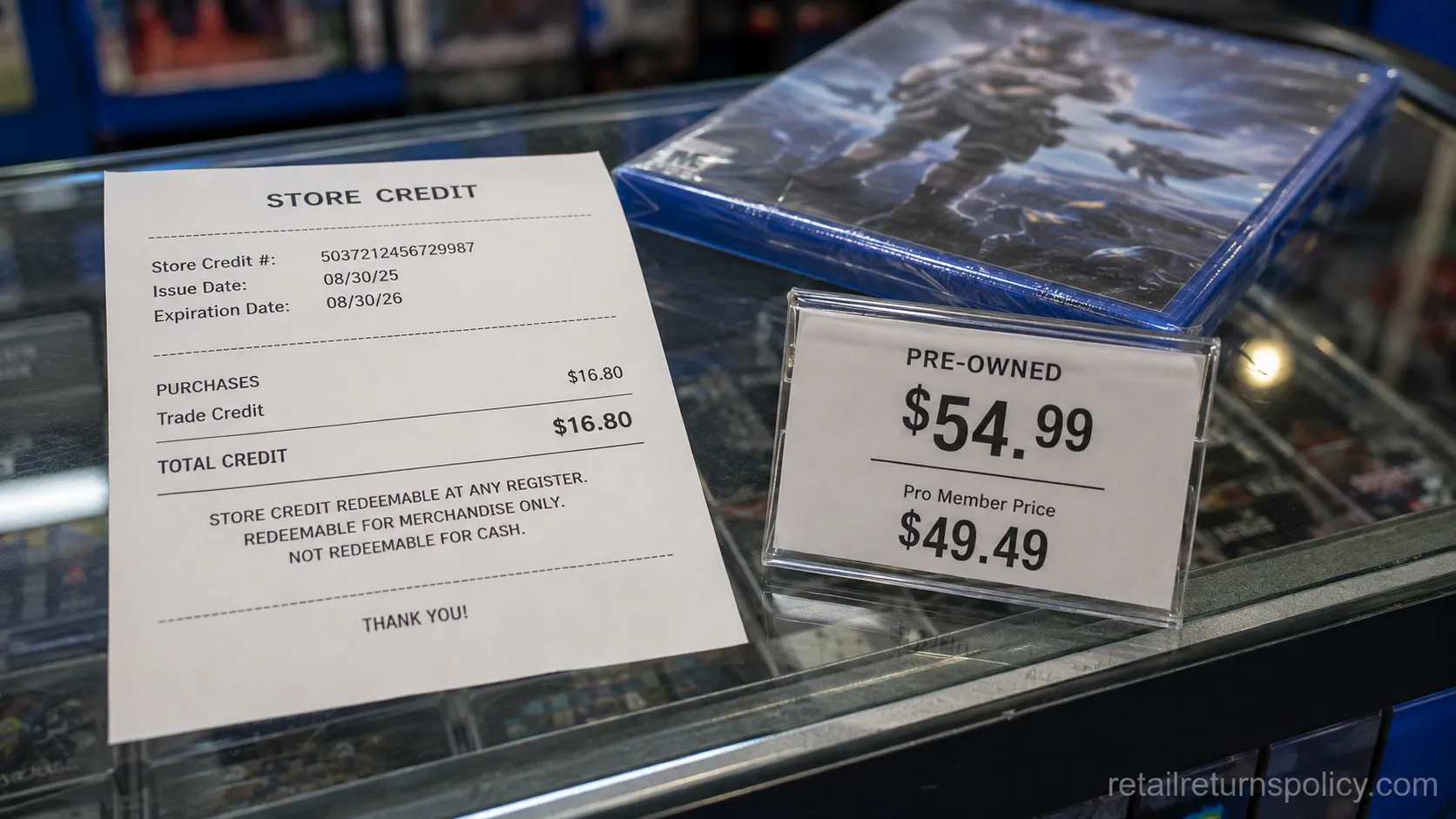 GameStop store credit slip beside a shelf price tag showing the used-price gap.