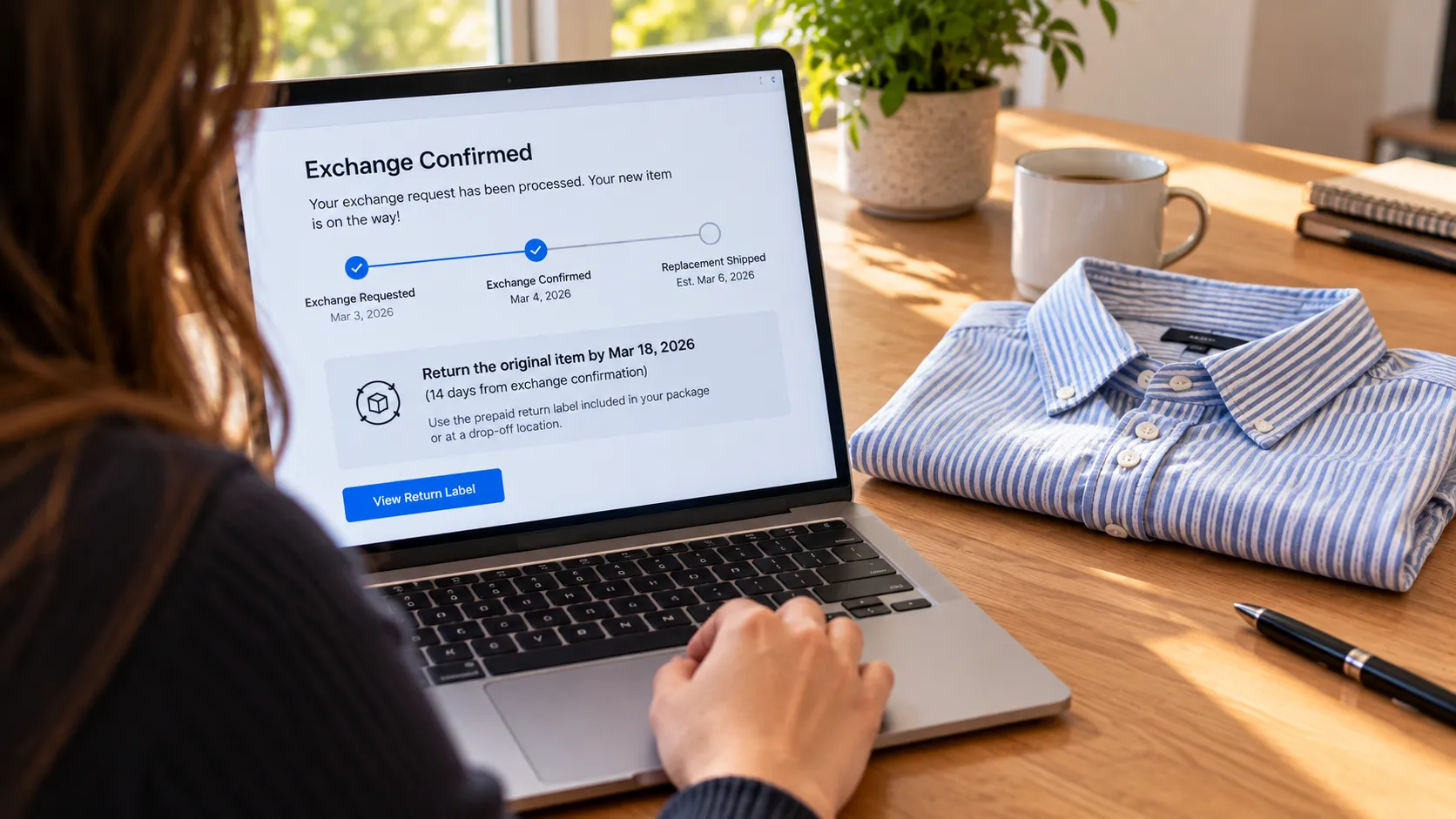 A laptop showing a Gap online exchange confirmation with a 14-day return-by date for the original item.