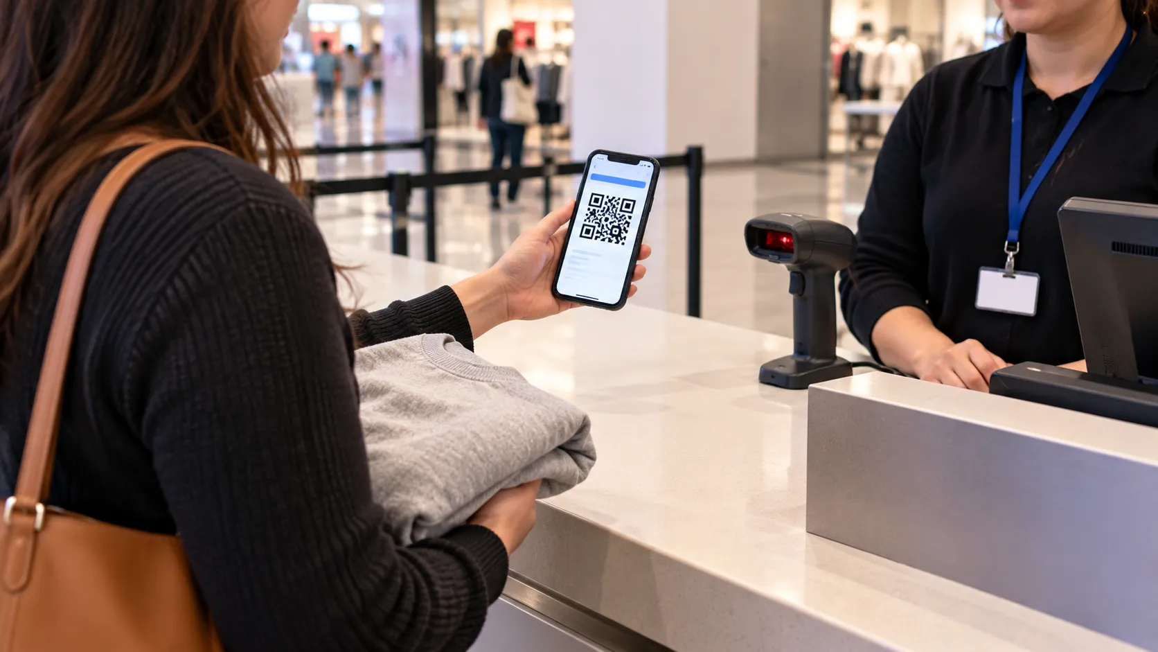 A shopper holding a QR code at a box-free drop-off bar while returning a Gap online order.
