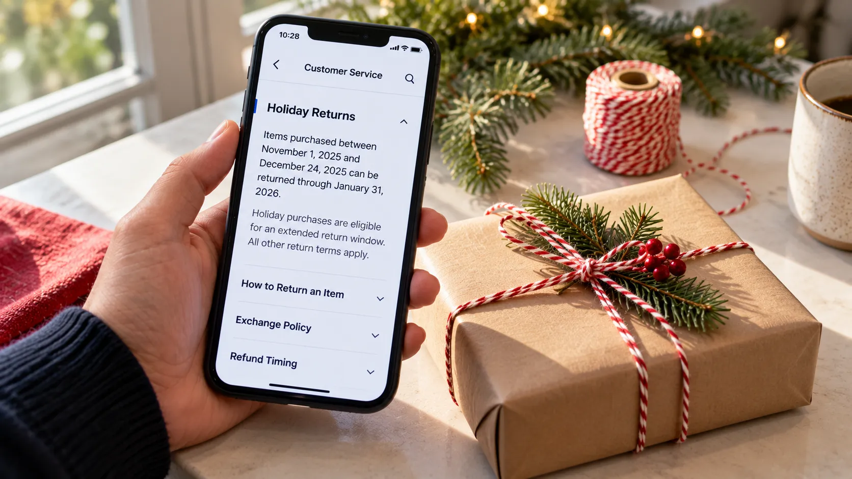 A phone showing Gap’s holiday return dates beside a wrapped gift, illustrating the extended window.