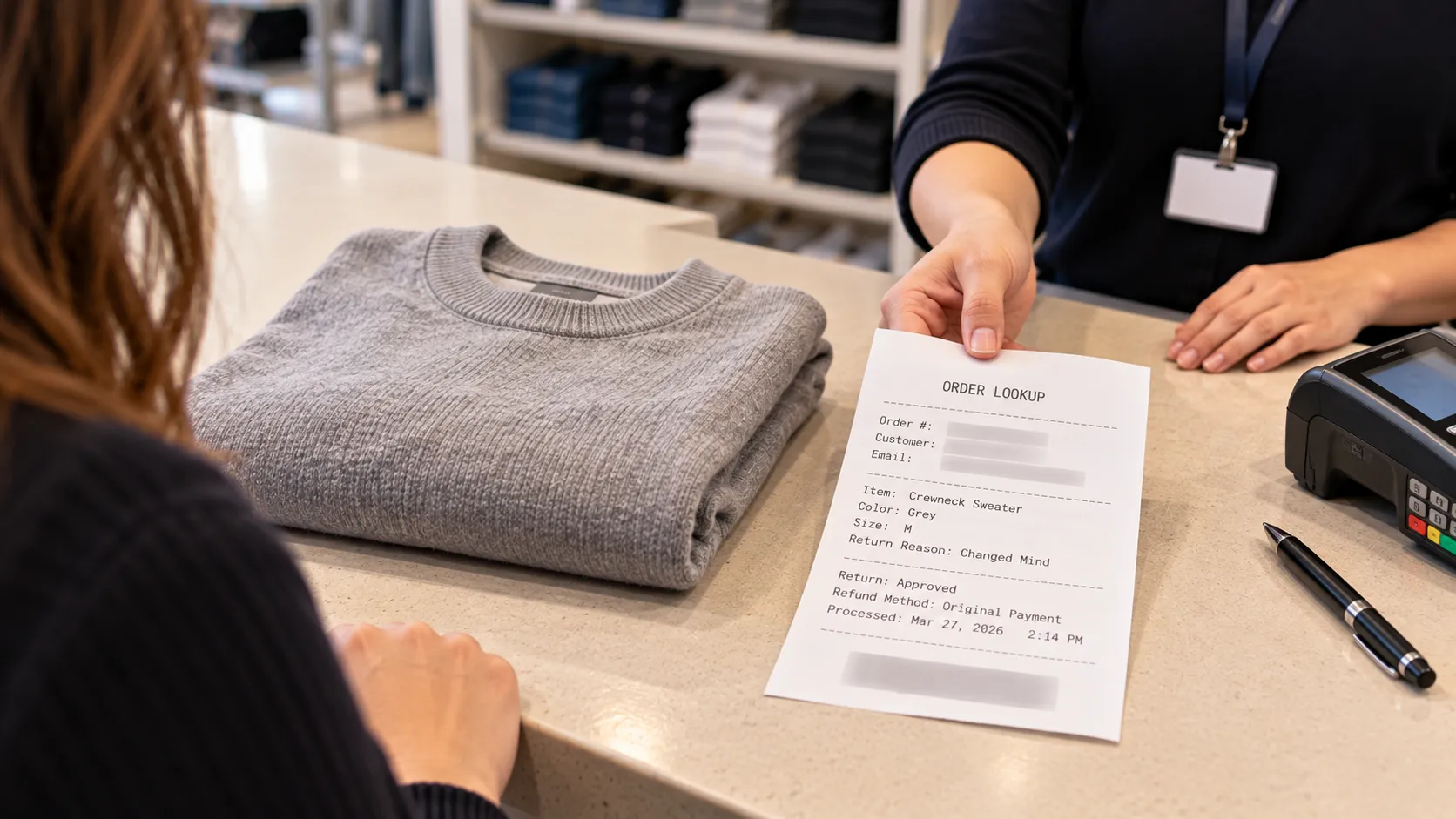 A folded sweater and a redacted lookup slip on a counter, showing a Gap return without a receipt.