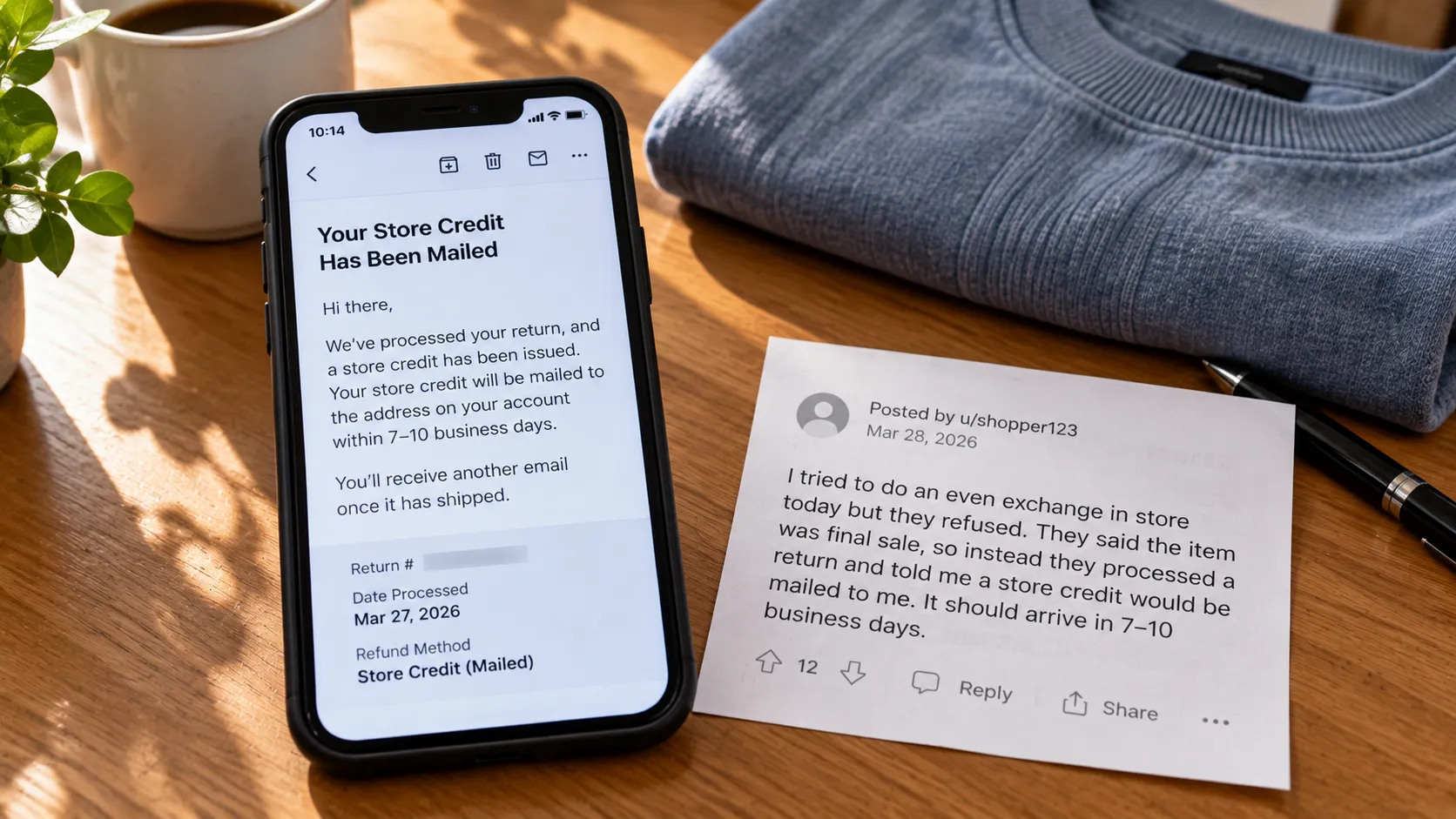 A phone showing a mailed store-credit outcome beside a note about a refused even exchange at Gap.