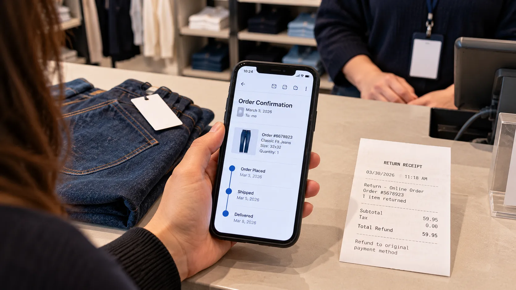 A phone showing a dated Gap order confirmation beside an accepted-return receipt at a store counter.