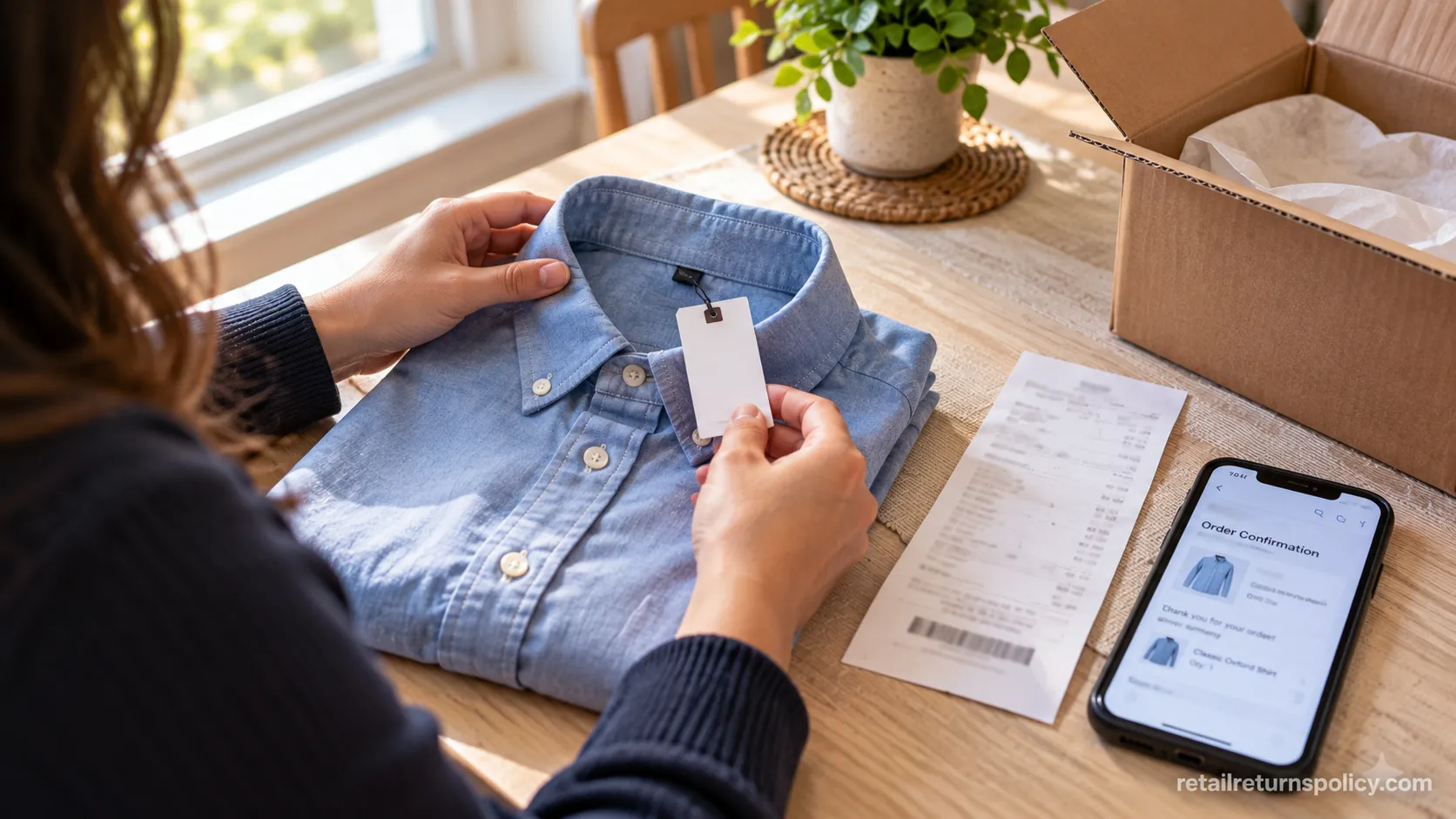 Hands checking the attached tag on a folded shirt beside a receipt, showing Gap return condition rules.