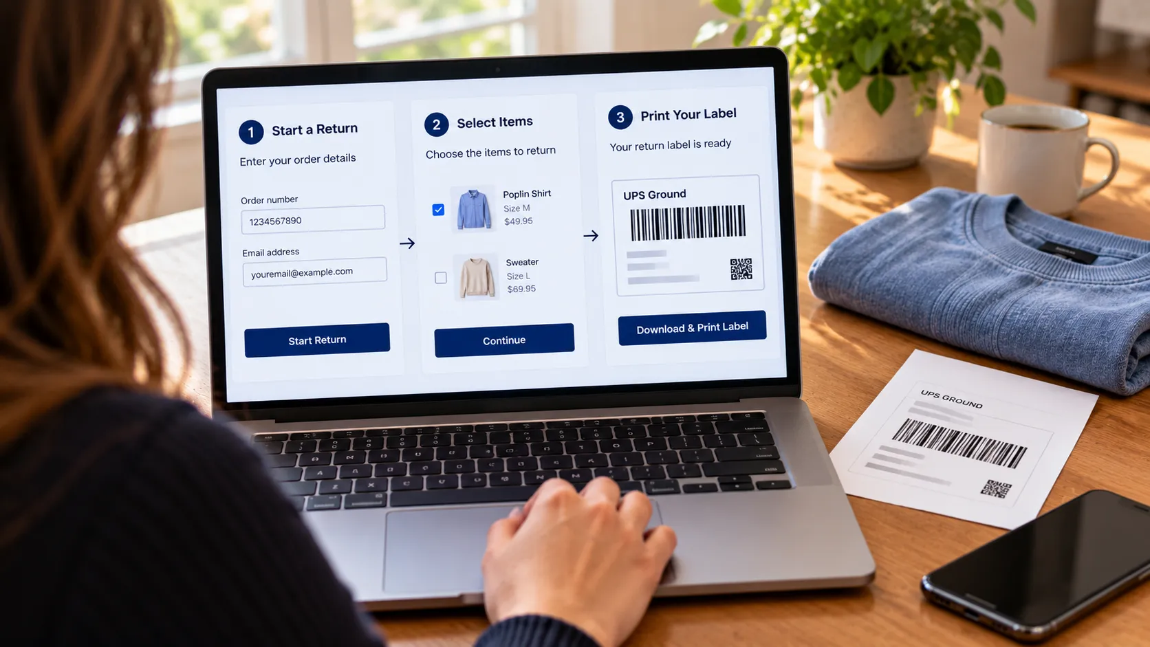 A laptop showing the Gap returns portal steps for starting an online return and printing a label.