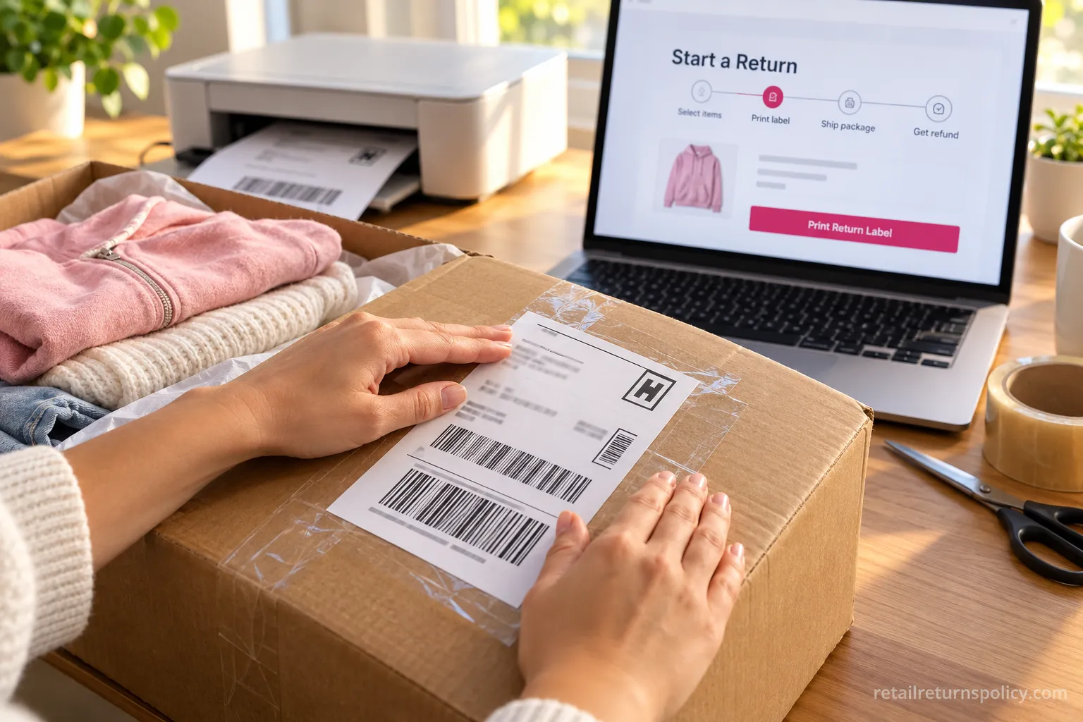 Hands attaching a printed FedEx return label to a Garage parcel during a step-by-step mail return.