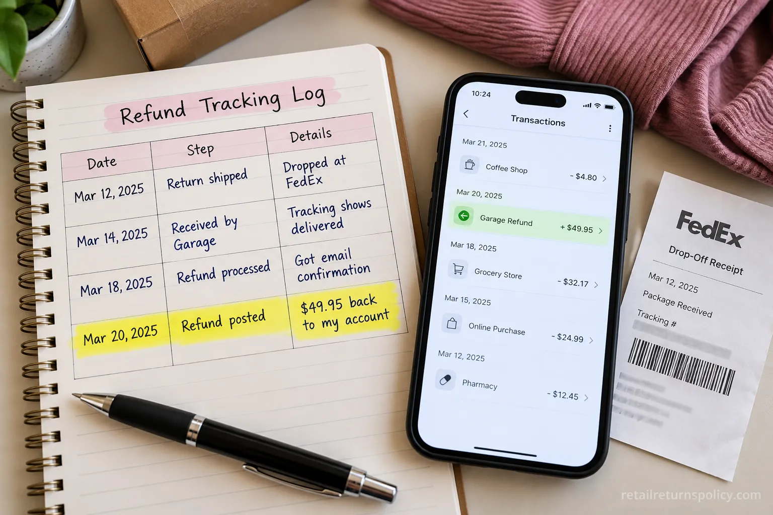 Handwritten refund timeline log beside a banking app, showing a Garage refund posting six business days after receipt.