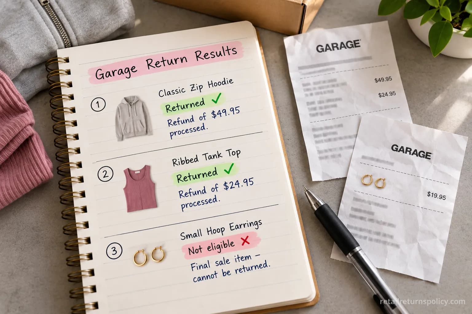 Handwritten note recording two accepted Garage returns and one blocked final-sale item next to store receipts.